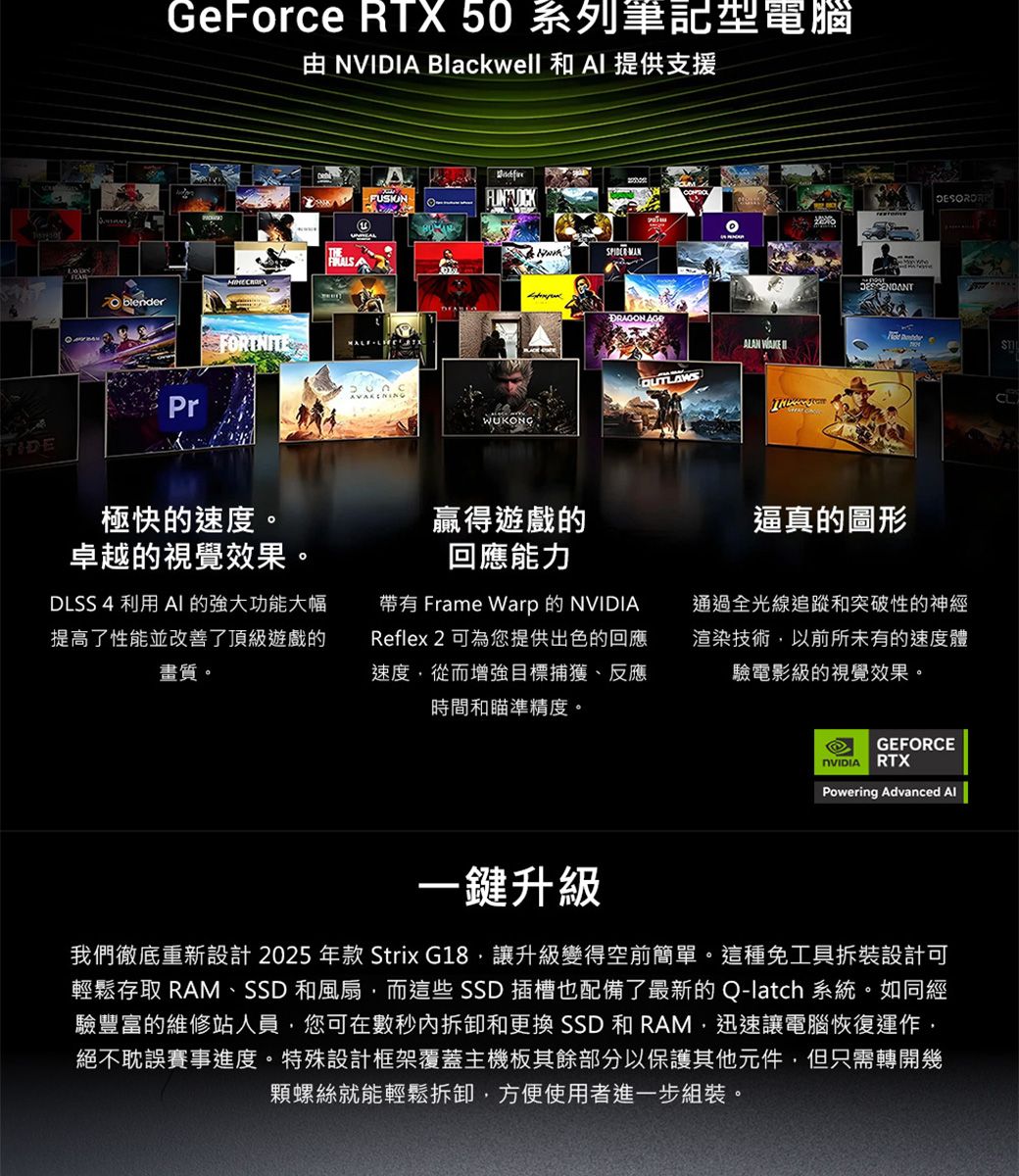GeForce RTX 50 系列筆記型電腦  Blackwell 和  提供支援blenderPrTIDE極快的速度。卓越的視覺效果。DLSS 4 利用 AI的強大功能大幅提高了性能並改善了頂級遊戲的畫質。 DRAGON AGEALAN OUTLAWSWUKONG贏得遊戲的回應能力逼真的圖形帶有 Frame Warp的NVIDIAReflex 2 可為您提供出色的回應速度從而增強目標捕獲、反應時間和瞄準精度。通過全光線追蹤和突破性的神經渲染技術以前所未有的速度體驗電影級的視覺效果。GEFORCENVIDIARTXPowering Advanced 一鍵升級我們徹底重新設計 2025 年款 Strix G18讓升級變得空前簡單。這種免工具拆裝設計可輕鬆存取 RAM、SSD 和風扇而這些SSD插槽也配備了最新的Q-latch 系統。如同經驗豐富的維修站人員,您可在數秒拆卸和更換 SSD 和 RAM,迅速讓電腦恢復運作,絕不耽誤賽事進度。特殊設計框架覆蓋主機板其餘部分以保護其他元件,但只需轉開幾顆螺絲就能輕鬆拆卸,方便使用者進一步組裝。