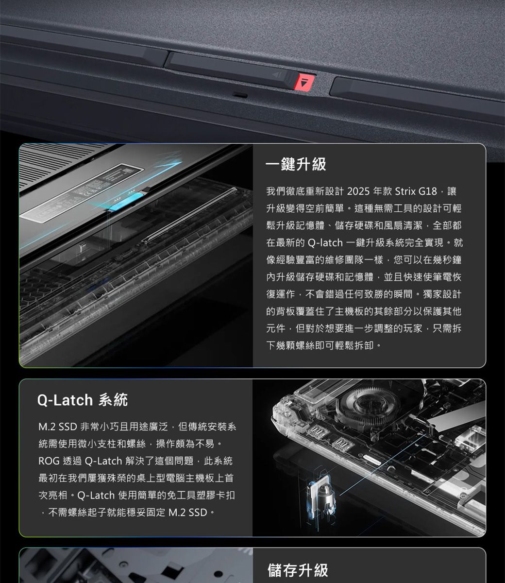 Q-Latch 系統M.2 SSD 非常小巧且用途廣泛但傳統安裝系統需使用微小支柱和螺絲操作頗為不易。ROG 透過 Q-Latch 解決了這個問題此系統最初在我們屢獲殊榮的桌上型電腦主機板上首次亮相。Q-Latch 使用簡單的免工具塑膠卡扣不需螺絲起子就能穩妥固定 M.2 SSD。一鍵升級我們徹底重新設計 2025年款 Strix G18升級變得空前簡單。這種無需工具的設計可輕鬆升級記憶體、儲存硬碟和風扇清潔全部都在最新的 Q-latch 一鍵升級系統完全實現。就像經驗豐富的維修團隊一樣您可以在幾秒鐘升級儲存硬碟和記憶體並且快速使筆電恢復運作,不會錯過任何致勝的瞬間。獨家設計的背板覆蓋住了主機板的其餘部分以保護其他元件,但對於想要進一步調整的玩家只需拆下幾顆螺絲即可輕鬆拆卸。儲存升級