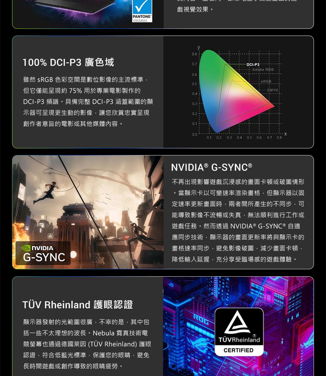 戲視覺效果。 PANTONE Validated0.7-P3 100% DCI-P3 廣色域雖然  色彩空間是數位影像主流標準但它僅能呈現約75%用於專業電影製作的DCI-P3 頻譜。具備完整 DCI-P3 涵蓋範圍的顯示器可呈現更生動的影像讓您欣賞忠實呈現創作者意旨的電影或其他媒體內容。G-SYNC0.10.1 0.2 0.4 0.6 0.7 0.8NVIDIA® G-SYNC ®不再出現影響遊戲沉浸感的畫面卡頓或破圖情形。當顯示卡以可變速率渲染畫格但顯示器以固定速率更新畫面時兩者間所產生的不同步可能導致影像不流暢或失真無法順利進行工作或遊戲任務。然而透過NVIDIA® G-SYNC® 自適應同步技術顯示器的畫面更新率將與顯示卡的畫格速率同步避免影像破圖減少畫面卡頓,降低輸入延遲,充分享受臨場感的遊戲體驗。 Rheinland 護眼認證顯示器發射的光範圍很廣,不幸的是,其中包括一些不太理想的波長。Nebula 霓真技術電競螢幕也通過德國萊因(TÜV Rheinland) 護眼認證,符合低藍光標準,保護您的眼睛,避免長時間遊戲或創作導致的眼睛疲勞。ATÜV RheinlandCERTIFIED
