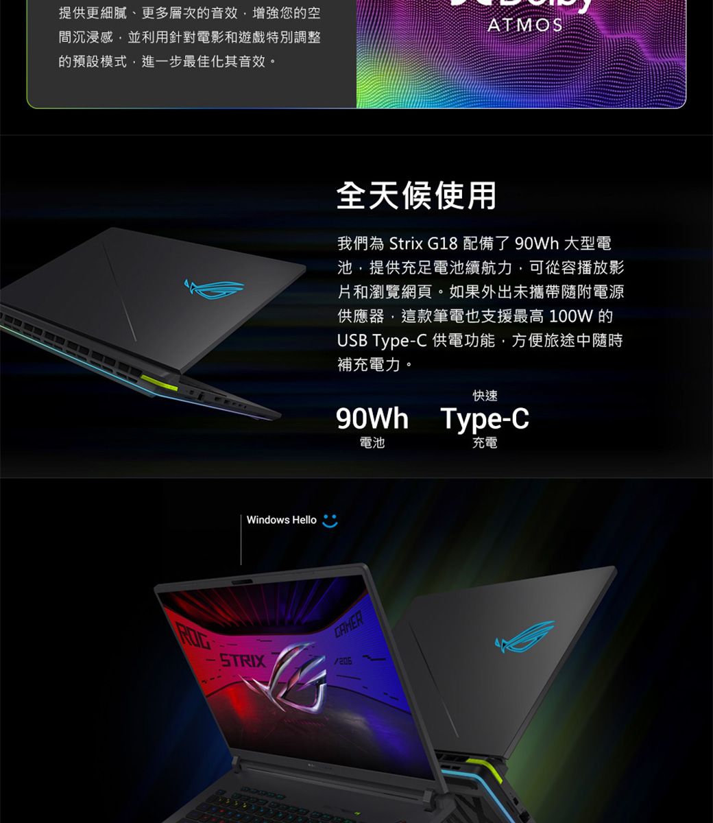 提供更細膩、更多層次的音效增強您的空間沉浸感並利用針對電影和遊戲特別調整的預設模式進一步最佳化其音效ATMOSWindows Hello全天候使用我們為 Strix G18 配備了90Wh 大型電池提供充足電池續航力,可從容播放影片和瀏覽網頁。如果外出未攜帶隨附電源供應器,這款筆電也支援最高 100W 的USB Type- 供電功能,方便旅途中隨時補充電力。快速90Wh Type-CSTRIX電池充電