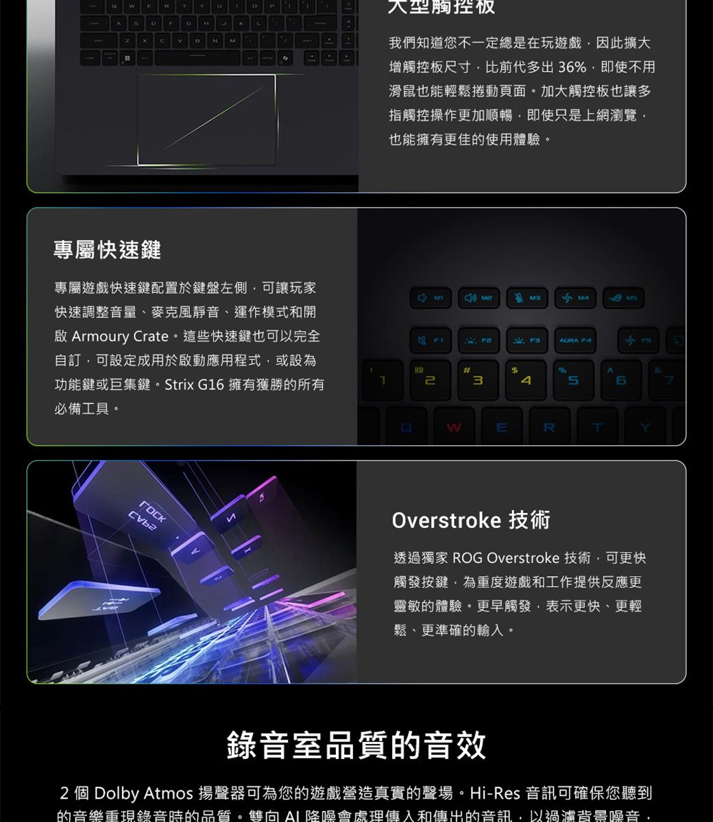 M專屬快速鍵專屬遊戲快速鍵配置於鍵盤左側可讓玩家快速調整音量、麥克風靜音、運作模式和開啟 Armoury rate。這些快速鍵也可以完全可設定成用於啟動應用程式或設為功能鍵或巨集鍵。Strix G6 擁有獲勝的所有必備工具。我們知道您不一定總是在玩遊戲因此擴大增觸控板尺寸比前代多出36%,即使不用滑鼠也能輕鬆捲動頁面。加大觸控板也讓多指觸控操作更加順暢,即使只是上網瀏覽,也能擁有更佳的使用體驗。   AURA C$%1356WERTYOverstroke 技術透過獨家 ROG Overstroke 技術,可更快觸發按鍵,為重度遊戲和工作提供反應更靈敏的體驗。更早觸發,表示更快、更輕鬆、更準確的輸入。錄音室品質的音效2 個 Dolby Atmos 揚聲器可為您的遊戲營造真實的聲場。Hi-Res 音訊可確保您聽到的音樂重現錄音時的品質。雙向 會處理傳入和傳出的音訊,以過濾背景噪音,