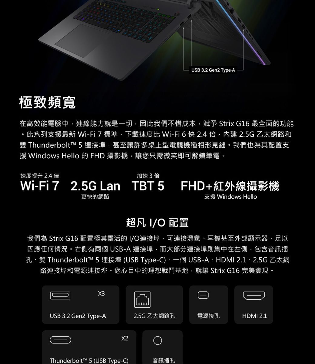 極致頻寬USB 3.2 Gen2 Type-A在高效能電腦中連線能力就是一切,因此我們不惜成本,賦予 Strix G16 最全面的功能此系列支最新Wi-Fi7標準,下載速度比 Wi-Fi6快2.4倍,2.5G乙太網路和雙 Thunderbolt 5 連接埠,甚至讓許多桌上型電競機種相形見絀。我們也為其配置支援 Windows Hello 的 FHD 攝影機,讓您只需微笑即可解鎖筆電。速度提升2.4倍加速3倍Wi-Fi 72.5G Lan TBT5FHD+紅外線攝影機更快的網路支援 Windows Hello超凡 I/O 配置我們為 Strix G16 配置極其靈活的I/O連接埠,可連接滑鼠、耳機甚至外部顯示器,足以因應任何情況。右側有兩個USB-A 連接埠,而大部分連接埠則集中在左側,包含音訊插孔、雙 Thunderbolt™ 5 連接埠 (USB Type-C)、一個 USB-A、HDMI 2.1、2.5G 乙太網路連接埠和電源連接埠。您心目中的理想戰鬥基地,就讓 Strix G16完美實現。USB 3.2 Gen2 Type-A2.5G乙太網路孔電源接孔HDMI 2.1X2Thunderbolt™ 5 (USB Type-C)音訊插孔