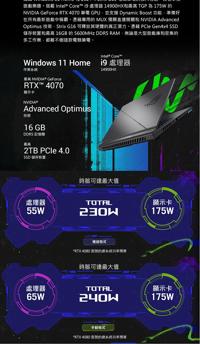 遊戲樂趣搭載 Intel® Core  處理器 14900HX和最高 TGP為175W的NVIDIA GeForce RTX 4070 筆電 GPU並支援 Dynamic Boost 功能準備好在所有最新遊戲中稱霸。憑藉專用的 MUX 獨顯直連開關和 NVIDIA AdvancedOptimus 技術Strix G16 可釋放其硬體的真正潛力。憑藉  Gen4x4 SSD儲存裝置和最高 16GB 的 5600MHz DDR5 RAM無論是大型遊戲庫和密集的多工作業都難不倒這款電競筆電。Windows 11 Home作業系統最高 NVIDIA® GeForceRTX™ 4070顯示卡NVIDIA®Advanced Optimus技術16 GBDDR5 記憶體最高2TB  4.0SSD 儲存裝置Intel® Core™ 處理器14900HX時脈可達最大值處理器55WTOTAL處理器65W極速模式*RTX 4080 型號的總系統功率預算時脈可達最大值TOTAL手動模式*RTX4080 型號的總系統功率預算顯示卡175W顯示卡175W