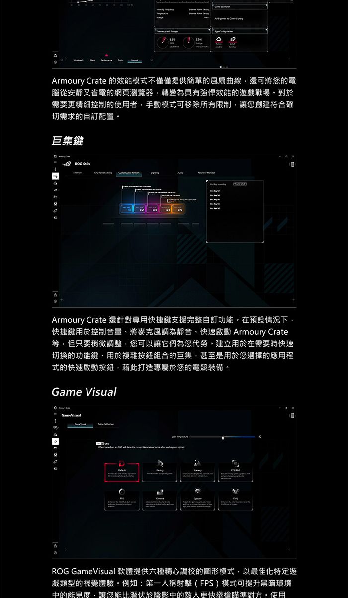 Armoury Crate 的效能模式不僅僅提供簡單的風扇曲線還可將您的電腦從安靜又省電的網頁瀏覽器轉變為具有強悍效能的遊戲戰場。對於需要更精細控制的使用者手動模式可移除所有限制讓您創建符合確切需求的自訂配置。巨集鍵 Armoury Crate 還針對專用快捷鍵支援完整自訂功能。在預設情況下快捷鍵用於控制音量、將麥克風調為靜音、快速啟動 Armoury Crate等但只要稍微調整您可以讓它們為您代勞。建立用於在需要時快速切換的功能鍵、用於複雜按鈕組合的巨集甚至是用於您選擇的應用程式的快速啟動按鈕,藉此打造專屬於您的電競裝備。Game VisualROG GameVisual 軟體提供六種精心調校的圖形模式,以最佳化特定遊戲類型的視覺體驗。例如:第一人稱射擊(FPS)模式可提升黑暗環境中的能見度,讓您能比潛伏於陰影中的敵人更快舉槍瞄準對方。使用