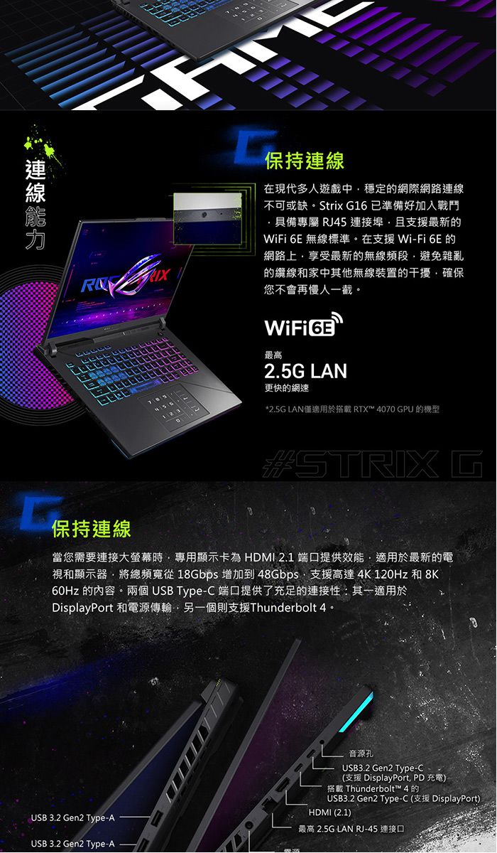 R 保持連線在現代多人遊戲中穩定的網際網路連線不可或缺。Strix G16 已準備好加入戰鬥具備專屬 RJ45 連接埠且支援最新的 6E 無線標準。在支援Wi-Fi 6E 的網路上享受最新的無線頻段避免雜亂的纜線和家中其他無線裝置的干擾確保您不會再慢人一截。WiFi 最高2.5G LAN更快的網速*2.5G LAN僅適用於搭載 RTX™ 4070 GPU 的機型#STRIXG保持連線當您需要連接大螢幕時專用顯示卡為 HDMI 2.1 端口提供效能適用於最新的電視和顯示器將總頻寬從18Gbps 增加到48Gbps支援高達4K120Hz 和 8K60Hz 的內容。兩個USB Type-C 端口提供了充足的連接性其一適用於DisplayPort 和電源傳輸,另一個則支援Thunderbolt 4。音源孔USB3.2 Gen2 Type-C(支援 DisplayPort, PD充電):搭載 Thunderbolt™ 4 的USB3.2 Gen2 Type-C (支援 DisplayPort)HDMI (2.1)USB 3.2 Gen2 Type-A最高 2.5G LAN RJ-45 連接口USB 3.2 Gen2 Type-A