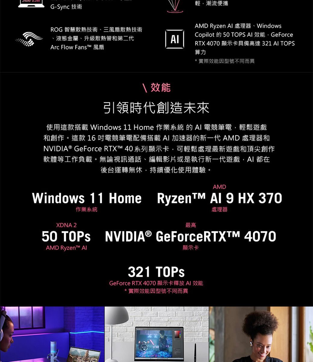 G-Sync 技術ROG 智慧散熱技術三風扇散熱技術、液態金屬、升級散熱管和第二代Arc Flow Fans 風扇輕潮流便攜AMD Ryzen  、WindowsCopilot 的  TOPS  效能GeForceRTX 4070 顯示卡具備高達321 AI TOPS算力*實際效能因型號不同而異 效能引領時代創造未來使用這款搭載 Windows 11 Home 作業系統的AI電競筆電輕鬆遊戲和創作。這款 16電競筆電配備搭載AI加速器的新一代AMD 處理器和NVIDIA® GeForce RTXT 40系列顯示卡可輕鬆處理最新遊戲和頂尖創作軟體等工作負載。無論視訊通話、編輯影片或是執行新一代遊戲,AI 都在後台運轉無休,持續優化使用體驗。AMDWindows 11 Home Ryzent  9 HX 370作業系統XDNA 2處理器最高50 TOPS NVIDIA®  4070AMD Ryzen™ 321 顯示卡GeForce RTX 4070顯示卡釋放AI 效能*實際效能因型號不同而異