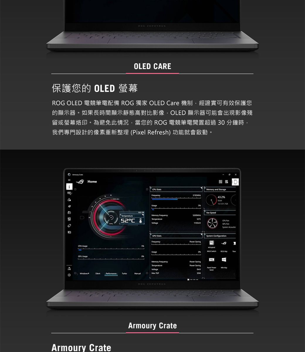 OLED ARE保護您的 OLED 螢幕 OLED 電競筆電配備 ROG 獨家 OLED Care 機制經證實可有效保護您的顯示器如果長時間顯示靜態高對比影像OLED 顯示器可能會出現影像殘留或螢幕烙印。為避免此情況當您的 ROG電競筆電超過3分鐘時,我們專門設計的像素整理 (Pixel Refresh) 功能就會啟動。   UsageHomeCPU Memory and StorageUsage CMemory Frequency52C43.2%137/  Stats Frequency UsageMemory Frequency Temperature 0 ROG ZEPHYRUSArmoury CrateArmoury Crate