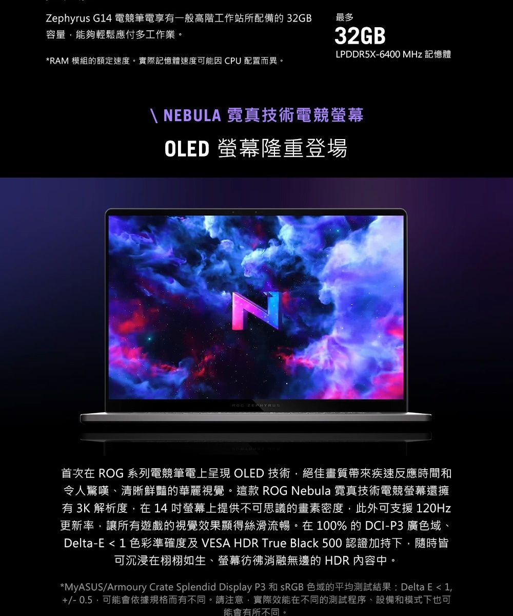 Zephyrus G4 電競筆電享有一般高階工作站所配備的 32GB容量能夠輕鬆應付多工作業。*RAM 模組的額定速度。實際記憶體速度可能因 CPU 配置而異。最多32GBLPDDR5X-6400 MHz 記憶體\ NEBULA 霓真技術電競螢幕OLED 螢幕隆重登場 首次在 ROG 系列電競筆電上呈現 OLED 技術絕佳畫質帶來疾速反應時間和令人驚嘆、清晰鮮豔的華麗視覺。這款 ROG Nebula 霓真技術電競螢幕還擁有3K 解析度,在 14 吋螢幕上提供不可思議的畫素密度,此外可支援120Hz更新率,讓所有遊戲的視覺效果顯得絲滑流暢。在100%的DCI-P3 廣色域、Delta-E  1 色彩準確度及 VESA HDR True Black 500 認證加持下,隨時皆可沉浸在栩栩如生、螢幕彷彿消融無邊的 HDR 內容中。*MyASUS/Armoury Crate Splendid Display P3 和 sRGB 色域的平均測試結果: Delta E 1,+/- 0.5,可能會依據規格而有不同。請注意,實際效能在不同的測試程序、設備和模式下也可能會有所不同。
