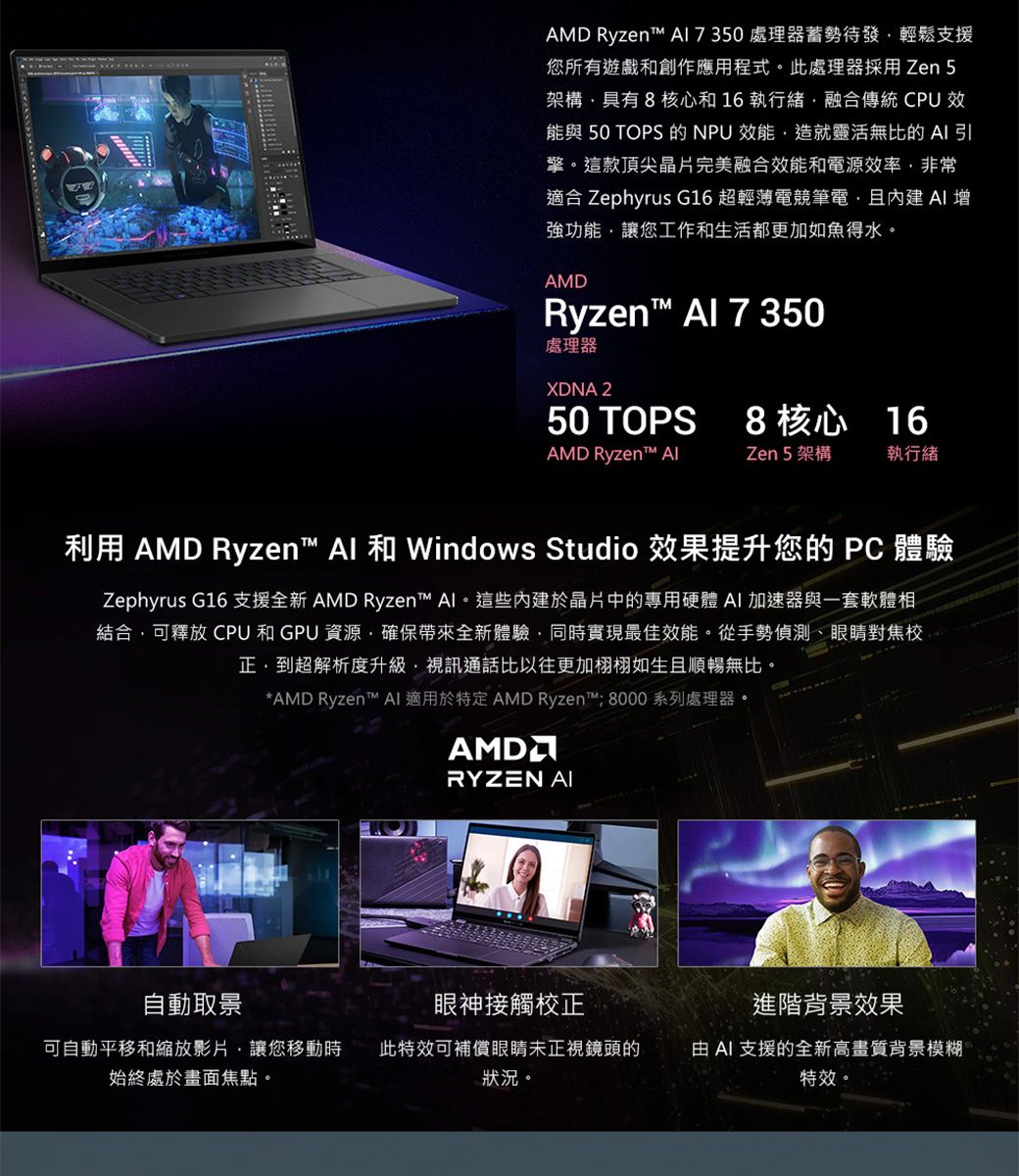 Ryzent A17350處理器蓄勢待發輕鬆支援您所有遊戲創作應用程式。此處理器採用Zen 5架構具有8核心和16執行緒融合傳統 CPU 效能與 50 TOPS 的NPU 效能造就靈活無比的引擎。這款頂尖晶片完美融合效能和電源效率非常適合 Zephyrus G16 超輕薄電競筆電且內建AI 增強功能讓您工作和生活都更加如魚得水。AMDRyzen  7 350處理器XDNA 250 TOPS8 核心 16AMD Ryzent™ Zen 5 架構執行緒利用 AMD Ryzen™  和 Windows Studio 效果提升您的  體驗Zephyrus G16 支援全新 AMD Ryzen™ Al。這些內建於晶片中的專用硬體 AI 加速器與一套軟體相結合可釋放 CPU 和 GPU 資源確保帶來全新體驗同時實現最佳效能。從手勢偵測、眼睛對焦校,到超解析度升級,視訊通話比以往更加栩栩如生且順暢無比。*AMD Ryzen™ AI 適用於特定AMD Ryzen™ 8000系列處理器AMDRYZEN AI自動取景眼神接觸校正進階背景效果可自動平移和縮放影片,讓您移動時始終處於畫面焦點。此特效可補償眼睛未正視鏡頭的狀況。 AI 支援的全新高畫質背景模糊特效。