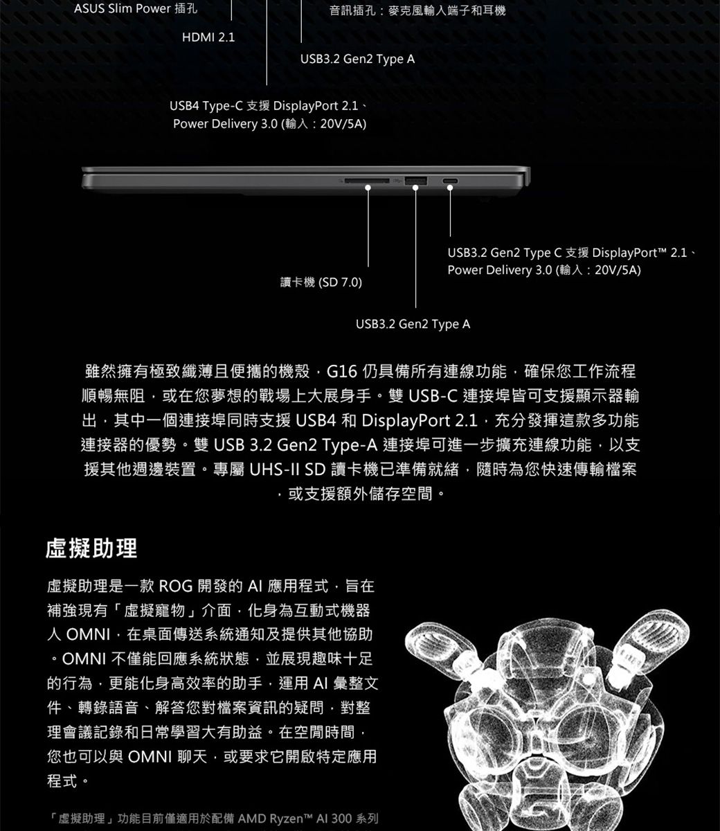 ASUS Slim Power 插孔音訊插孔麥克風輸入端子和耳機HDMI 21USB3.2 Gen2 Type AUSB Type-C 支援 DisplayPort 2.1、Power Delivery 3.0 (輸入:20V/5A)讀卡機(SD 7.0)USB3.2 Gen2 Type C 支援 DisplayPort™ 2.1、Power Delivery 3.0 (輸入:20V/5A)USB3.2 Gen2 Type A雖然擁有極致纖薄且便攜的機殼G16 仍具備所有連線功能確保您工作流程順暢無阻或在您夢想的戰場上大展身手。雙USB-C連接埠皆可支援顯示器輸出其中一個連接埠同時支援 USB4 和 DisplayPort 2.1充分發揮這款多功能連接器的優勢。雙USB3.2 Gen2 Type-A 連接埠可進一步擴充連線功能以支援其他週邊裝置。專屬 UHS-II SD 讀卡機已準備就緒隨時為您快速傳輸檔案或支援額外儲存空間。.助理虛擬助理是一款 ROG 開發的AI應用程式,旨在補強現有「虛擬寵物」介面,化身為互動式機器 OMNI,在桌面傳送系統通知及提供其他協助。OMNI 不僅能回應系統狀態,並展現趣味十足的行為,更能化身高效率的助手,運用AI彙整文件、轉錄語音、解答您對檔案資訊的疑問,對整理會議記錄和日常學習大有助益。在時間,您也可以與 OMNI 聊天,或要求它開啟特定應用程式。「虛擬助理」功能目前僅適用於配備 AMD Ryzen™ Al 300 系列