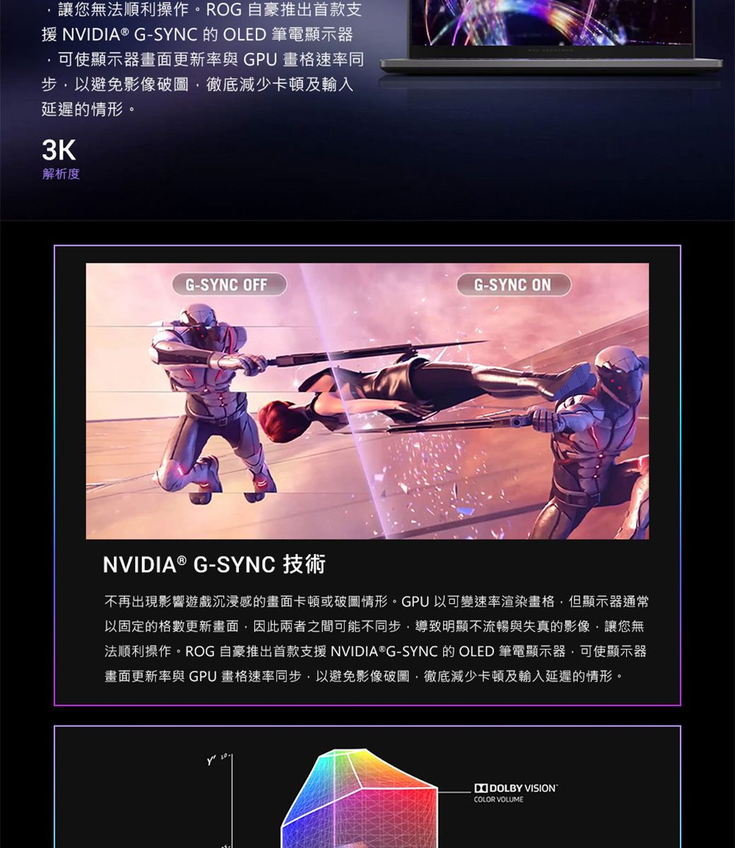 讓您無法順利操作。ROG 自豪推出首款支援NVIDIA® G-SYNC 的 OLED 筆電顯示器可使顯示器畫面更新率與 GPU 畫格速率同步以避免影像破圖徹底減少卡頓及輸入延遲的情形3K解析度G-SYNC OFFG-SYNC ONNVIDIA® G-SYNC 技術不再出現影響遊戲沉浸感的畫面卡頓或破圖情形。GPU以可變速率渲染畫格但顯示器通常以固定的格數更新畫面因此兩者之間可能不同步導致明顯不流暢與失真的影像讓您無法順利操作。ROG 自豪推出首款支援 NVIDIA® G-SYNC 的OLED 筆電顯示器,可使顯示器畫面更新率與 GPU畫格速率同步,以避免影像破圖,徹底減少卡頓及輸入延遲的情形。 VISIONCOLOR VOLUME