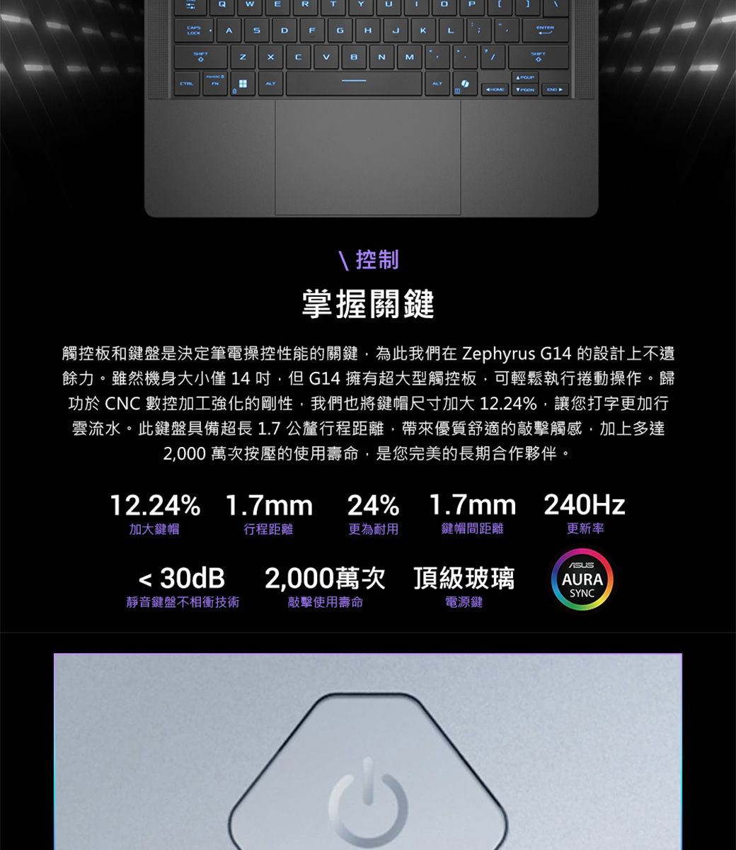 EENTERADFGHJLLOKCBNMALT控制掌握關鍵觸控板和鍵盤是決定筆電操控性能的關鍵為此我們在 Zephyrus G14 的設計上不遺餘力。雖然機身大小僅14,但G14 擁有超大型觸控板,可輕鬆執行捲動操作。歸功於CNC數控加工強化的剛性,我們也將鍵帽尺寸加大12.24%,讓您打字更加行雲流水。此鍵盤具備超長1.7公釐行程距離,帶來優質舒適的敲擊觸感,加上多達2,000 萬次按壓的使用壽命,是您完美的長期合作夥伴。12.24% 1.7mm24% 1.7mm 240Hz加大鍵帽行程距離更為耐用鍵帽距離更新率 30dB靜音鍵盤不相衝技術2,000萬次 頂級玻璃敲擊使用壽命AURASYNC電源鍵