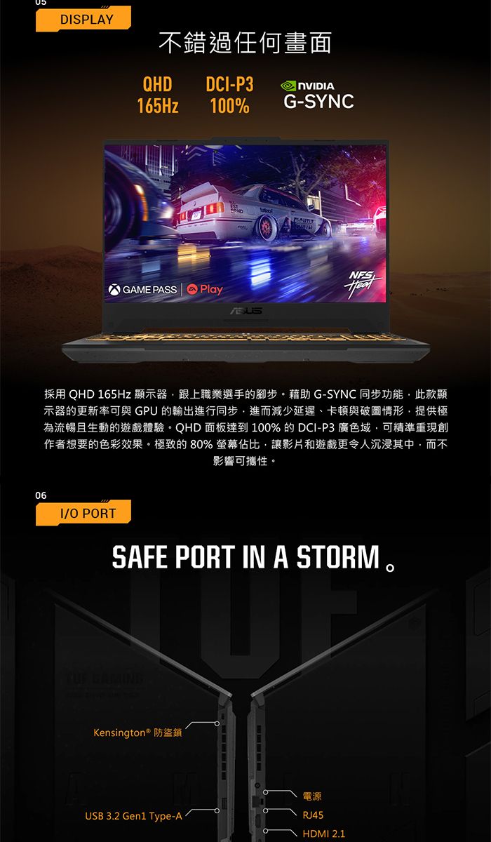 DSPLAY不錯過任何畫面QHD DCI-P3165Hz100%GAME PASS PlayG-SYNCNFS採用 QHD 165Hz 顯示器跟上職業選手的腳步藉助 G-SYNC同步功能此款顯示器的更新率可與 GPU 的輸出進行同步進而減少延遲卡頓與圖情形提供極為流暢且生動的遊戲體驗。QHD 面板達到100%的DCI-P3 廣色域可精準重現創作者想要的色彩效果。極致的 80% 螢幕佔比讓影片和遊戲更令人沉浸其中而不影響可攜性。06I/ PORTSAFE PORT IN A STORMTUF Kensington® 防盜鎖USB 3.2 Gen1 Type-A電源RJ45HDMI 2.1