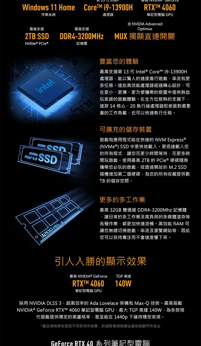 Windows 11 Home Core 作業系統TM 4060處理器:筆記型電腦 GPU最高支援最高支援NVIDIA AdvancedOptimus2TB DDR4-MUX 獨顯直連開關® 記憶體intelNVMe 40NVMe SSDSSD豐富您的體驗最高支援  代Intel® Core i9-13900H處理器能以驚人的速度進行遊戲、串流和更多任務這些高效能處理器經過精心設計可在更小、更薄、更方便攜帶的裝置中提供熱血玩家級的遊戲體驗在全方位散熱的支援下這款 14 核心、20執行緒處理器即使面對最繁重的工作負載也可以快速執行任務。可擴充的儲存裝置遊戲和應用程式能在快速的 NVM Express®(NVMe®) SSD 中更快地載入。更迅速載入您的所有程式讓您花更少時間等待花更多時間玩遊戲。使用最高 2TB 的  硬碟隨身攜帶您必玩的遊戲或透過開放的 M.2 SSD插槽增加第二個硬碟您的所有收藏提供數TB的儲存空間。。3200 MHz更多的多工作業最高 32GB 雙通道DDR4-3200Mhz 記憶體.·讓日常的多工作業及高負荷的多媒體渲染等各種作業都更加快速流暢。高效能 RAM 可讓您無縫切換遊戲、串流及瀏覽網站等因此您可以保持專注而不會速度慢下來。引人入勝的顯示效果最高 NVIDIA® GeForceTGP 高達RTXT™ 4060140W筆記型電腦 GPU採用 NVIDIA DLSS 3、超高效率的 Ada Lovelace 架構和 Max-Q 技術。最高搭載NVIDIA® GeForce RTX™ 4060 筆記型電腦 GPU,最大 TGP 高達140W,為多款現代遊戲提供穩定的高畫格率,甚至能在1440p下維持穩定表現。*產品規格將依型號不同而有所差異,詳細販售規格請洽當地經銷門市為主GeForce RTX 40系列筆記型電腦