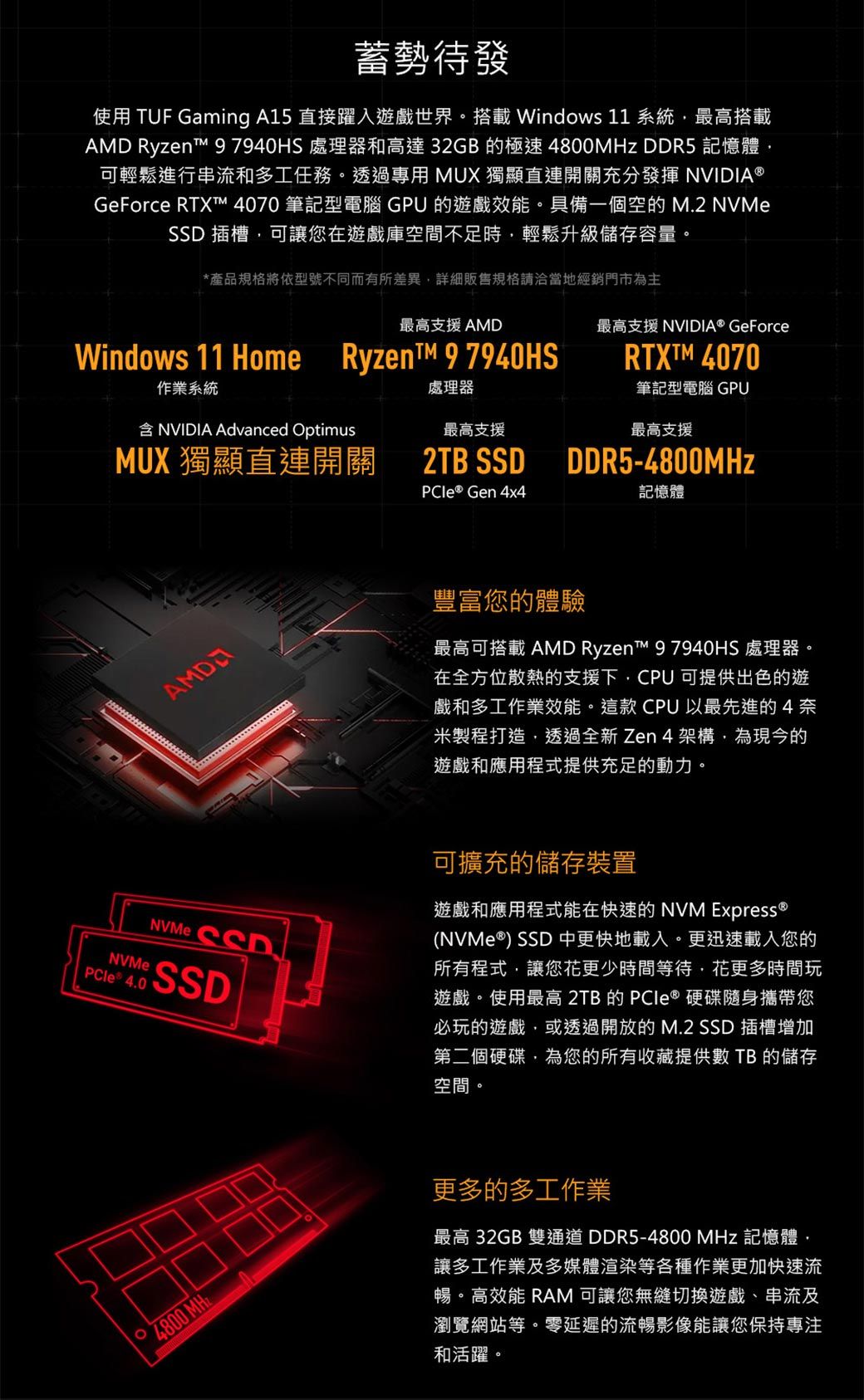 蓄勢待發使用 TUF Gaming A15 直接躍入遊戲世界搭載Windows 11 系統最高搭載 Ryzent 97940HS 處理器和高達32GB 的極速4800MHz DDR5 記憶體可輕鬆進行串流和多工任務透過專用 MUX 獨直連開關充分發揮 NVIDIAGeForce RTXT 4070 筆記型電腦 GPU 的遊戲效能。具備一個空的M.2 NVMeS 插槽可讓您在遊戲庫空間不足時輕鬆升級儲存容量。*產品規格將依型號不同而有所差異詳細販售規格請洽當地經銷門市為主最高支援 AMDWindows 11 Home RyzenTM97940HS作業系統NVIDIA Advanced Optimus處理器最高支援2TB SSD最高支援 NVIDIA® GeForceRTXTM 4070筆記型電腦 GPU最高支援DDR5-4800MHzMUX 獨顯直連開關PCIe ® Gen 4x4記憶體AMD豐富您的體驗。最高可搭載 AMD Ryzen 9 7940HS 處理器在全方位散熱的支援下CPU可提供出色的遊戲和多工作業效能。這款CPU以最先進的4奈米製程打造透過全新Zen 4架構為現今的遊戲和應用程式提供充足的動力。NVMePCle 4.0NVMe SDSSD可擴充的儲存裝置遊戲和應用程式能在快速的NVM Express ®(NVMe®) SSD 中更快地載入。更迅速載入您的所有程式讓您更少時間等待,花更多時間玩遊戲。使用最高 2TB 的 硬碟隨身攜帶您必玩的遊戲,或透過開放的M.2 SSD 插槽增加第二個硬碟,為您的所有收藏提供數 TB的儲存空間。。4800 MHz更多的多工作業最高 32GB 雙通道DDR5-4800 MHz 記憶體,讓多工作業及多媒體渲染等各種作業更加快速流暢。高效能 RAM 可讓您無縫切換遊戲、串流及瀏覽網站等。零延遲的流暢影像能讓您保持專注和活躍。