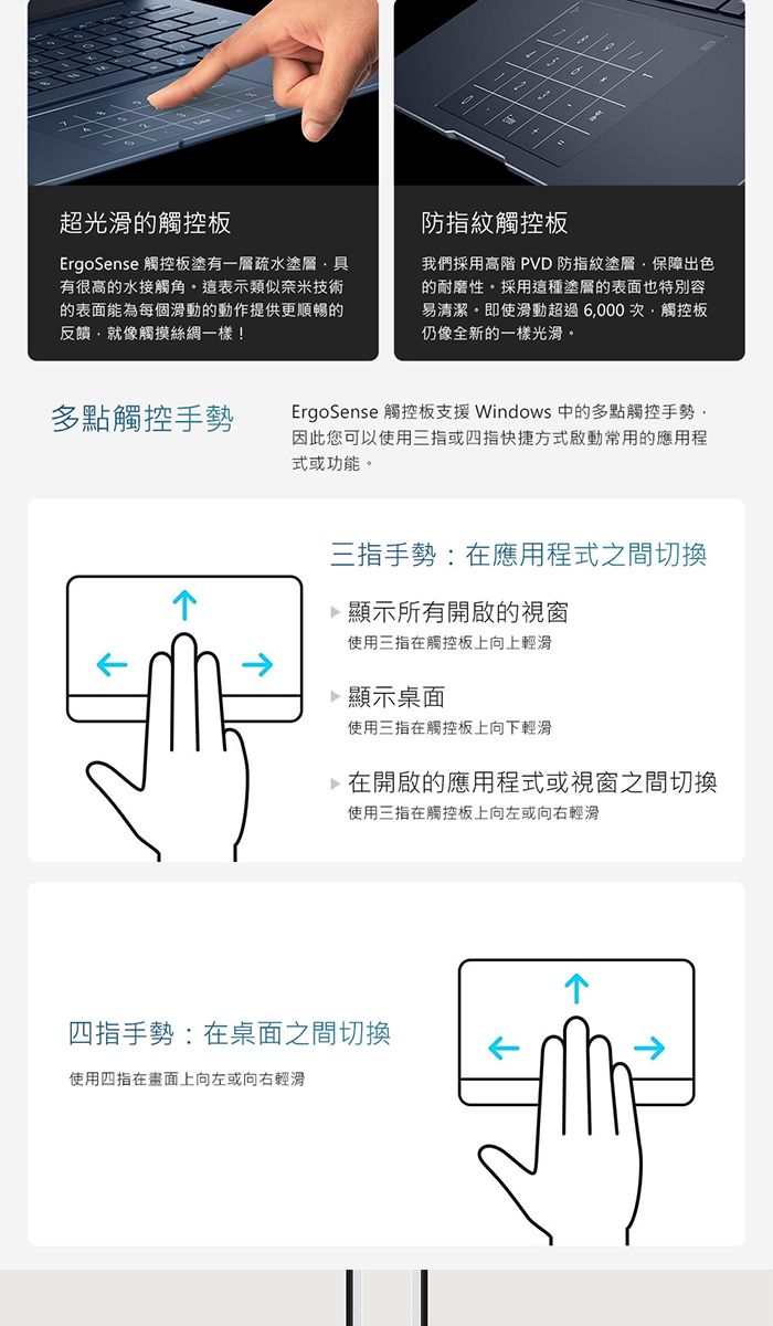 超光滑的觸控板ErgoSense 觸控板塗有一層疏水塗層具有很高的水接觸角這表示類似奈米技術的表面能為每個滑動的動作提供更順暢的反饋就像觸摸絲綢一樣!多點觸控手勢O防指紋觸控板我們採用高階 PV 防指紋塗層保障出色的耐磨性採用這種塗層的表面也特別容易清潔。即使滑動超過6000次,觸控板仍像全新的一樣光滑。ErgoSense 觸控板支援 Windows 中的多點觸控手勢。因此您可以使用三指或四指快捷方式啟動常用的應用程式或功能。三指手勢在應用程式之間切換D顯示所有開啟的視窗使用三指在觸控板上向上輕滑顯示桌面使用三指在觸控板上向下輕滑在開啟的應用程式或視窗之間切換使用三指在觸控板上向左或向右輕滑四指手勢:在桌面之間切換使用四指在畫面上向左或向右輕滑