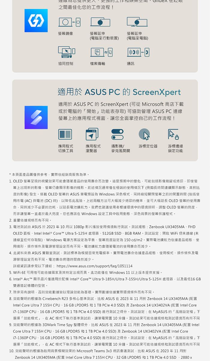 之間最佳化您的工作流程!延伸螢幕延伸(電腦至行動裝置(電腦至電腦)協同控制案傳輸通訊適用於 ASUS PC 的 ScreenXpert適用於 ASUS PC 的 ScreenXpert(可從 Microsoft 商店載或於電腦的始功能表存取)可協助管理 ASUS PC連線螢幕上的應用程式視窗讓您全面掌控自己的工作流程!應用程式切换工具應用程式瀏覽器攝影機/麥克風開關游標定位器游標邊緣鎖定功能*本頁面產品圖僅供參考實際依經銷商販售為準1. OLED 螢幕的視覺效果可能會隨著產品的使用壽命而改變這是預期中的變化可能包括影像殘留或即使螢幕上出現新的影像螢幕仍會顯示影像的殘影前述情況通常僅在極端的使用情況(例如長時間連續顯示靜態高對比度的影像) 發生搭載 OLED 螢幕的 ASUS 筆電預設為 Windows 深色模式同時關閉螢幕之前的時間 (包括使用市電(AC)與電池(DC)時)以降低此風險上述兩種方法可大幅減少烙印的機率並可大幅延長 OLED 螢幕的使用壽命同時減少不必要的功耗以延長電池續航力我們也建議使用者根據環境中的環境照明調整 OLED 螢幕的而非讓螢幕一直處於最大亮度您也應該在 Windows 工具中啟用動態深色背景的螢幕保護程式2. 重量依據規格而有不同3. 電池 ASUS 於2023年10月以 影片播放使用情境執行測試測試組態:Zenbook UX3405MAFHDOLED 面板Intel Intel® Core™ Ultra 5-125H 處理器512GB SSD8GB RAM測試設定:WiFi 但未連線 (未連線至任何存取點)Windows 電源方案設定為平衡、螢幕亮度設定為150 cd/m2實際電池續航力依據產品組態、使用情形、操作條件及電源管理設定而有不同電池續航力會隨著電池的使用壽命而減少4. 此資料來自 ASUS 實驗室測試測試標準為模擬日常充電頻率實際電池壽命依據產品組態、使用模式、操作條件及電源管理設定而有不同電池壽命將隨時間自然減少。詳細資訊請參見以下連結:https://www.asus.com/support/faq/105115. WiFi 6E 可用性可能依據國家及其特定法規而異。此功能僅在 Windows 11 以上版本提供支援。6. Intel® Arc™ 顯示僅適用於配備 Intel® Core™ Ultra 9-185H/Ultra 7-155H/Ultra 5-125H處理器以及最低16 GB雙通道記憶體的型號。7. 除非另有說明否則效能數據皆以理論效能為基礎。實際數據依據實際環境條件而有不同。8. 效能聲明的根據為 Cinebench R23 多核心基準測試比較 ASUS 在2023年11月Zenbook 14 UX3405MA (配置Intel Core Ultra 7 155H CPU、16GB LPDDR5 和 1 TB  4.0 SSD)及Zenbook 14 UX3402VA (配置 Intel Core7-1360P CPU、16 GB LPDDR5 和 1 TB  4.0 SSD)進行測試之得分。測試設定:在MyASUS 的設定下選擇效能模式」在AC模式下執行基準測試前讓筆電閒置10分鐘測試結果可能依據規格和測試環境而有所不同。 效能聲明的根據為 3DMark Time Spy 整體得分,比較 ASUS 在2023年11月對 Zenbook 14 UX3405MA (配置 IntelCore Ultra 7 155H CPU、16 GB LPDDR5 和 1 TB  4.0 SSD)及Zenbook 14 UX3402VA (配置 Intel Core7-1360P CPU、16 GB LPDDR5 和 1 TB  4.0 SSD) 進行測試之得分,測試設定:在MyASUS的「設定檔」下選擇「效能模式」,在AC模式下執行基準測試前,讓筆電開置10分鐘,測試結果可能依據規格和測試環境而有所不同10. 效能聲明的根據為啟用背景模糊效果的 Microsoft Teams 3x3 視訊會議測試,比較 ASUS 在2023年11月對Zenbook 14 UX305MA (配置 Intel Core Ultra 7 155H CPU、32GB LPDDR5 和 1 TB  4.0 SSD、2880x