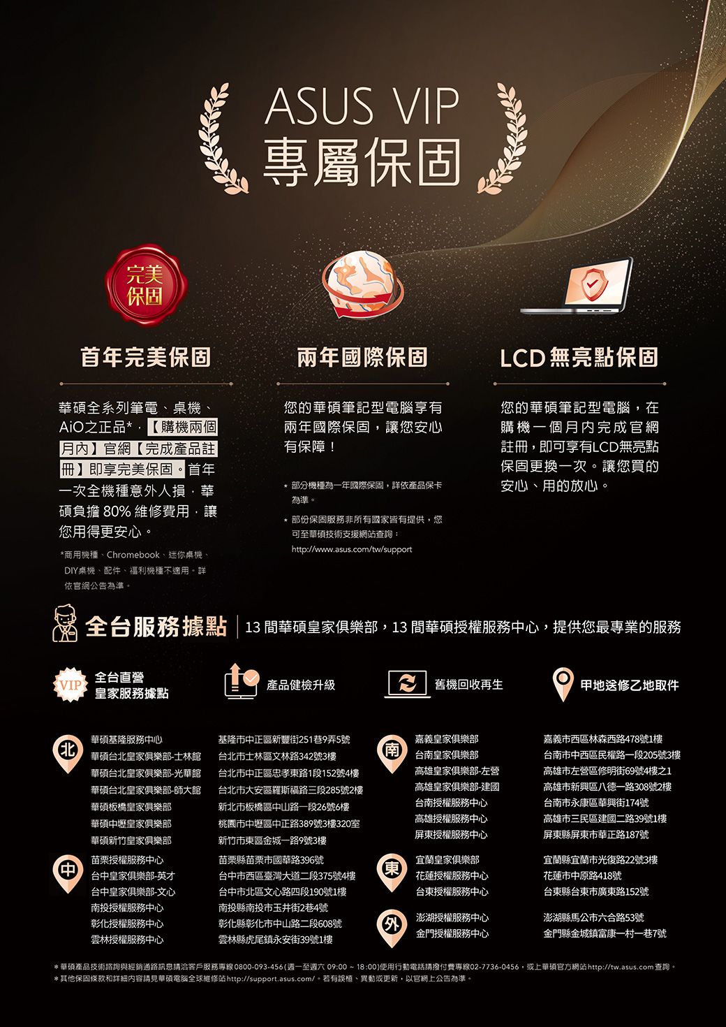 完美ASUS VIP專屬保固保固首年完美保固兩年國際保固LCD 無亮點保固華碩全系列筆電桌機、之正品購機兩個月內】官網【完成產品註【冊】即享完美保固首年一次全機種意人損華碩負擔 80% 維修費用讓您用得更安心。 部分機種為一年國際保固,依產品保卡為準。* 部份保固服務非所有國家皆有提供,您可至華碩技術支援網站查詢:_http://www.asus.com/tw/support您的華碩筆記型電腦,在購機一個月內完成官網註冊,即可享有LCD無亮點保固更換一次。讓您買的安心、用的放心。您的華碩筆記型電腦享有兩年國際保固,讓您安心有保障!*商用機種、Chromebook、迷你桌機、DIY桌機、配件、福利機種不適用。詳依官網公告為準。全台服務據點13 間華碩皇家俱樂部,13 間華碩授權服務心,提供您最專業的服務全台直營VIP皇家服務據點產品健檢升級 機回收再生甲地送修乙地取件華碩基隆服務中心中華碩台北皇家俱樂部-士林館華碩台北皇家俱樂部-光華館華碩台北皇家俱樂部-師大館華碩板橋皇家俱樂部華碩中壢皇家俱樂部華碩新竹皇家俱樂部苗栗授權服務中心台中皇家俱樂部-英才台中皇家俱樂部-文心南投授權服務中心彰化授權服務中心雲林授權服務中心基隆市中正區新豐街251巷9弄5號台北市士林區文林路342號3樓台北市中正區忠孝東路1段152號4樓台北市大安區羅斯福路三段285號2樓新北市板橋區中山路一段26號6樓桃園市中壢區中正路389號3樓320室新竹市東區金城一路9號3樓苗栗縣苗栗市國華路396號台中市西區臺灣大道二段375號4樓台中市北區文心路四段190號1樓南投縣南投市玉井街2巷4號彰化縣彰化市中山路二段608號雲林縣虎尾鎮永安街39號1樓南東嘉義皇家俱樂部台南皇家俱樂部高雄皇家俱樂部-左營高雄皇家俱樂部-建國台南授權服務中心高雄授權服務中心屏東授權服務中心宜蘭皇家俱樂部花蓮授權服務中心台東授權服務中心外澎湖授權服務中心金門授權服務中心嘉義市西區林森西路478號1樓台南市中西區民權路一段205號3樓高雄市左營區修明街69號4樓之1高雄市新興區八德一路308號2樓台南市永康區華興街174號高雄市三民區建國二路39號1樓屏東縣屏東市華正路187號宜蘭縣宜蘭市光復路22號3樓花蓮市中原路418號台東縣台東市廣東路152號澎湖縣馬公市六合路53號金門縣金城鎮富康一村一巷7號**華碩產品技術諮詢與經銷通路訊息請洽客戶服務專線0800-093-456(週一至週六 09:0018:00)使用行動電話請撥付費專線02-7736-0456,或上華碩官方網站http://tw.asus.com 查詢。*其他保固條款和詳細內容請見華碩電腦全球維修站http://support.asus.com/。若有誤植、異動或更新,以官網上公告為準。