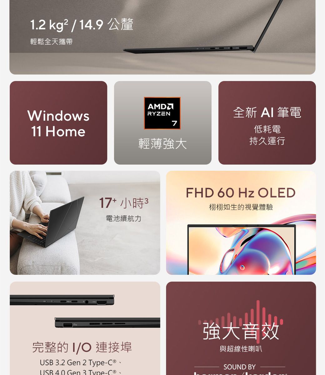 1.2 kg² / 14.9 公釐輕鬆全天攜帶AMDWindowsRYZEN711 Home全新  筆電低耗電輕薄強大持久運行17+ 小時電池續航力FHD 60 Hz OLED栩栩如生的視覺體驗完整的/O連接埠 3.2 Gen 2 TypeUSB  Gen 3 Type- -強大音效與超線性喇叭SOUND BY