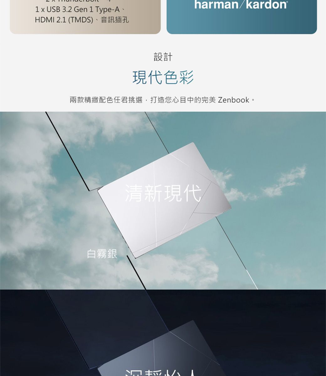 1  USB 3.2 Gen 1 Type-AHDMI 2.1 (TMDS)、音訊插孔harman/kardon®設計現代色彩兩款精緻配色任君挑選打造您心目中的完美 Zenbook。白霧銀清新現代A
