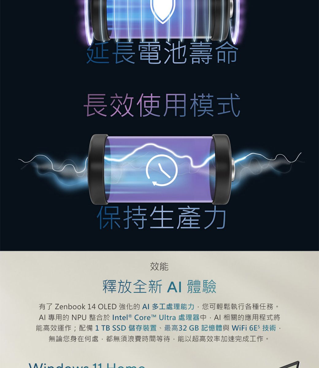 延長電池壽命長效使用模式保持生產力效能釋放全新  體驗有了 Zenbook 14 OLED 強化的多工處理能力您可輕鬆執行各種任務。AI 專用的 NPU 整合於 Intel® Core™ Ultra 處理器中AI 相關的應用程式將能高效運作;配備1TB  儲存裝置、最高32GB 記憶體與WiFi 技術無論您身在何處都無須浪費時間等待,能以超高效率加速完成工作。