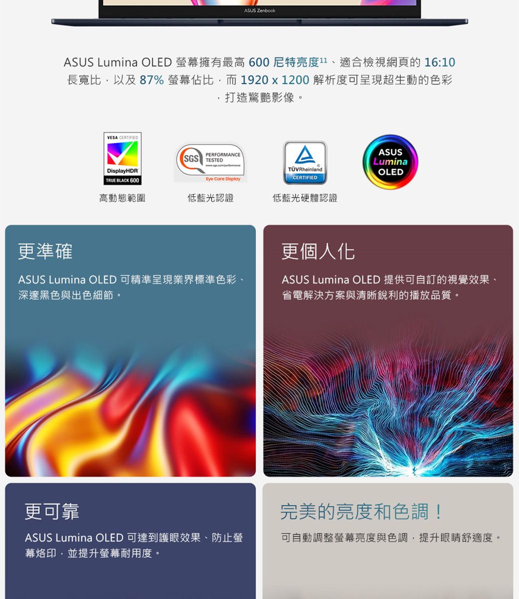 ASUS ZenbookASUS Lumina OLED 螢幕擁有最高600特亮度11、適合檢視網頁的16:10長寬比以及87% 螢幕佔比而1920x1200解析度可呈現超生動的色彩打造驚艷影像。更準確VESA CERTIFIEDSGSPERFORMANCETESTEDAASUSLuminaHDRTÜVRheinlandCERTIFIEDOLED TRUE BLACK 600Eye  Display高動態範圍低藍光認證低藍光硬體認證ASUS Lumina OLED 可精準呈現業界標準色彩、深邃黑色與出色細節。更個人ASUS Lumina OLED 提供可自訂的視覺效果、省電解決方案與清晰銳利的播放品質。更可靠完美的亮度和色調!ASUS Lumina OLED 可達到護眼效果、防止螢幕烙印,並提升螢幕耐用度。可自動調整螢幕亮度與色調,提升眼睛舒適度。