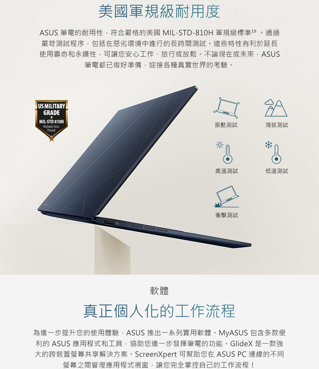 美國軍規級耐用度ASUS 筆電的耐用性符合嚴格的美國MIL-STD-810H 軍規級標準19。通過嚴苛測試程序包括在惡劣環境中進行的長時間測試。這些特性有利於延長使用壽命和永續性可讓您安心工作、旅行或放鬆。不論現在或未來ASUS筆電都已做好準備迎接各種真實世界的考驗。US MILITARYGRADEMIL-STD 810HMultiple TestsPassed振動測試海拔測試高溫測試低溫測試衝擊測試軟體真正個人化的工作流程為進一步提升您的使用體驗,ASUS 推出一系列實用軟體。MyASUS 包含多款便利的 ASUS 應用程式和工具,協助您進一步發揮筆電的功能。GlideX 是一款強大的跨裝置螢幕共享解決方案。ScreenXpert 可幫助您在 ASUS PC連線的不同螢幕之間管理應用程式視窗,讓您完全掌控自己的工作流程!