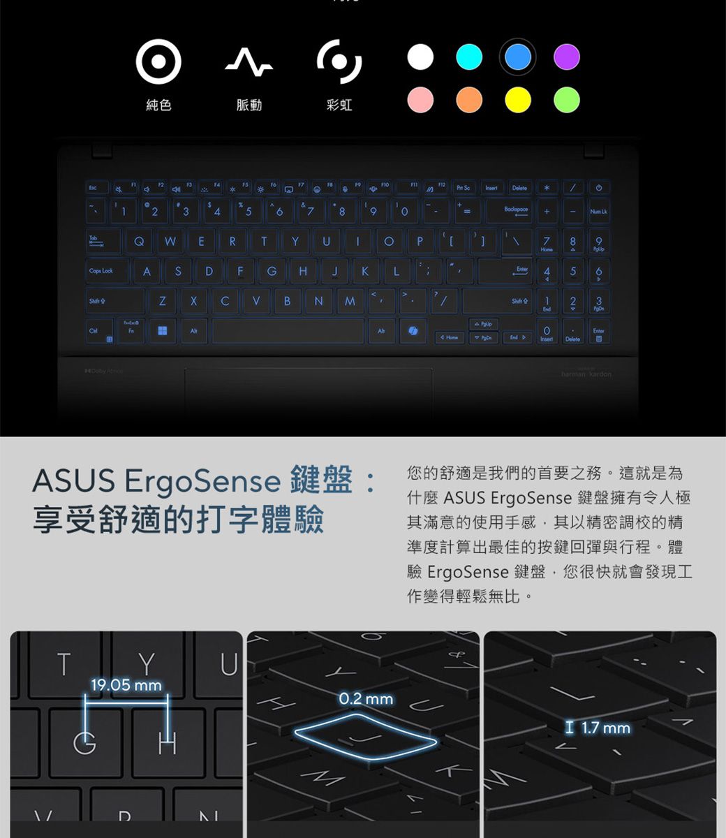 純色脈動彩虹 L271$A +12345678QWERYP AFGHJKLNCBNMC 7 493End Dharman kardonASS ErgoSense 鍵盤:享受舒適的打字體驗您的舒適是我們的首要之務。這就是為什麼 ASUS ErgoSense 鍵盤擁有令人極其滿意的使用手感其以精密調校的精準度計算出最佳的按鍵回彈與行程。體驗 ErgoSense 鍵盤,您很快就會發現工作變得輕鬆無比。TYU19.05 mm0.2 mm 1.7 mm