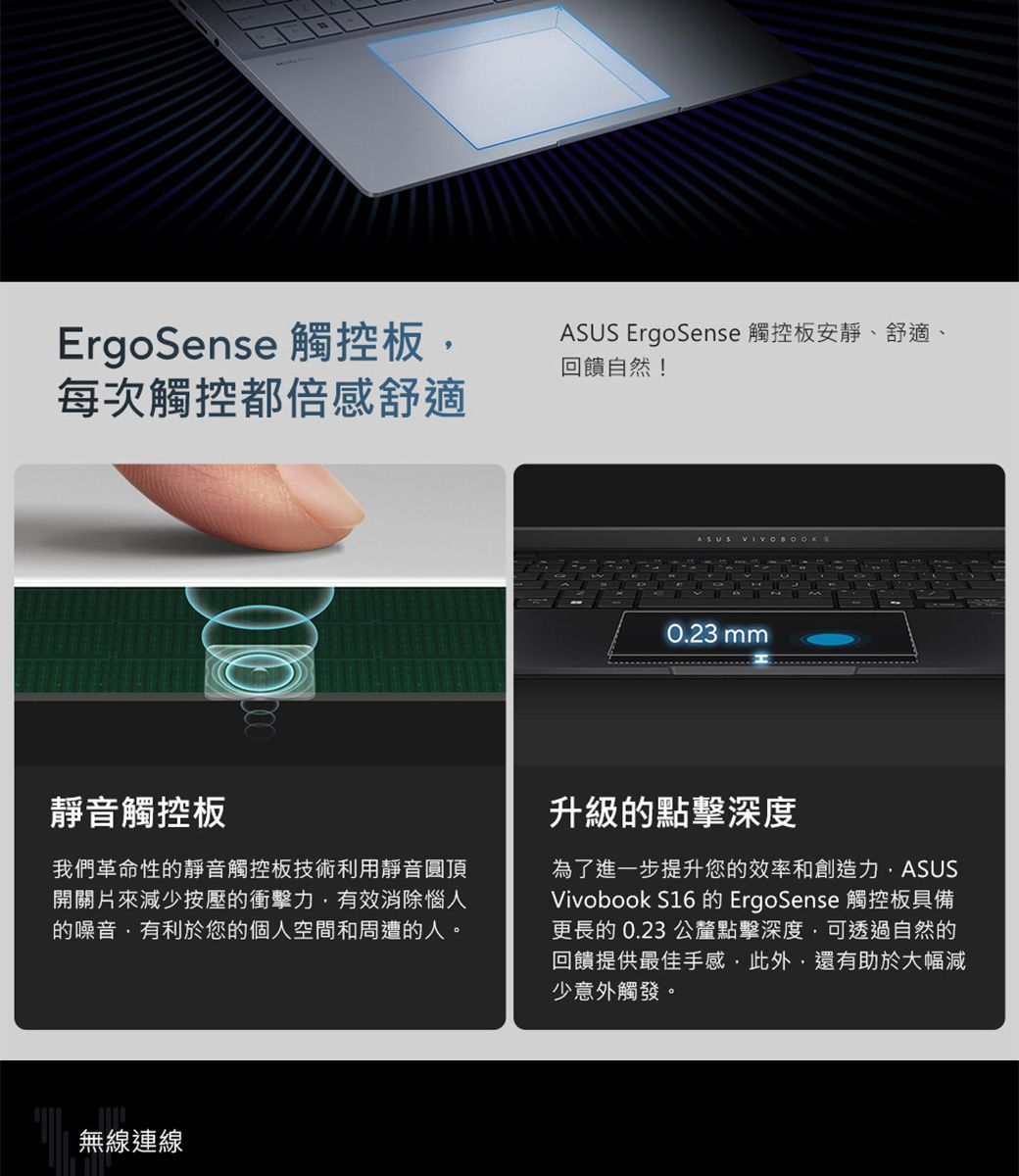 ErgoSense 觸控板每次觸控都倍感舒適ASUS ErgoSense 觸控板安靜、舒適、回饋自然!ASUS0.23 mm靜音觸控板我們革命性的靜音觸控板技術利用靜音圓頂開關片來減少按壓的衝擊力有效消除惱人的噪音有利於您的個人空間和周遭的人。升級的點擊深度為了進一步提升您的效率和創造力ASUSVivobook S16 的 ErgoSense 觸控板具備更長的 0.23 公釐點擊深度,可透過自然的回饋提供最佳手感,此外,還有助於大幅減少意外觸發。無線連線