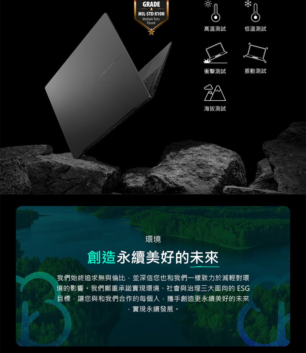 GRADEMIL-STD 810HMultiple TestsPassed高溫測試低溫測試衝擊測試振動測試海拔測試環境創造永續美好的未來我們始終追求無與倫比並深信您也和我們一樣致力於減輕對環境的影響。我們鄭重承諾實現環境、社會與治理三大面向的ESG目標讓您與和我們合作的每個人,攜手創造更永續美好的未來實現永續發展。
