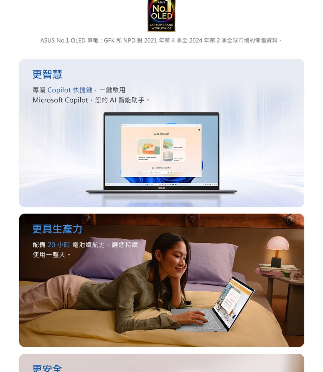 ASUSNo.OLEDLAPTOP BRANDWORLDWIDEASUS No.1 OLED 筆電: GFK 和NPD對2021年第4季至2024年第2季全球市場的零售資料。更智慧專屬 Copilot 快捷鍵一鍵啟用Microsoft Copilot您的  智能助手。更具生產力配備20 小時電池續航力,讓您持續使用一整天。更安全Good