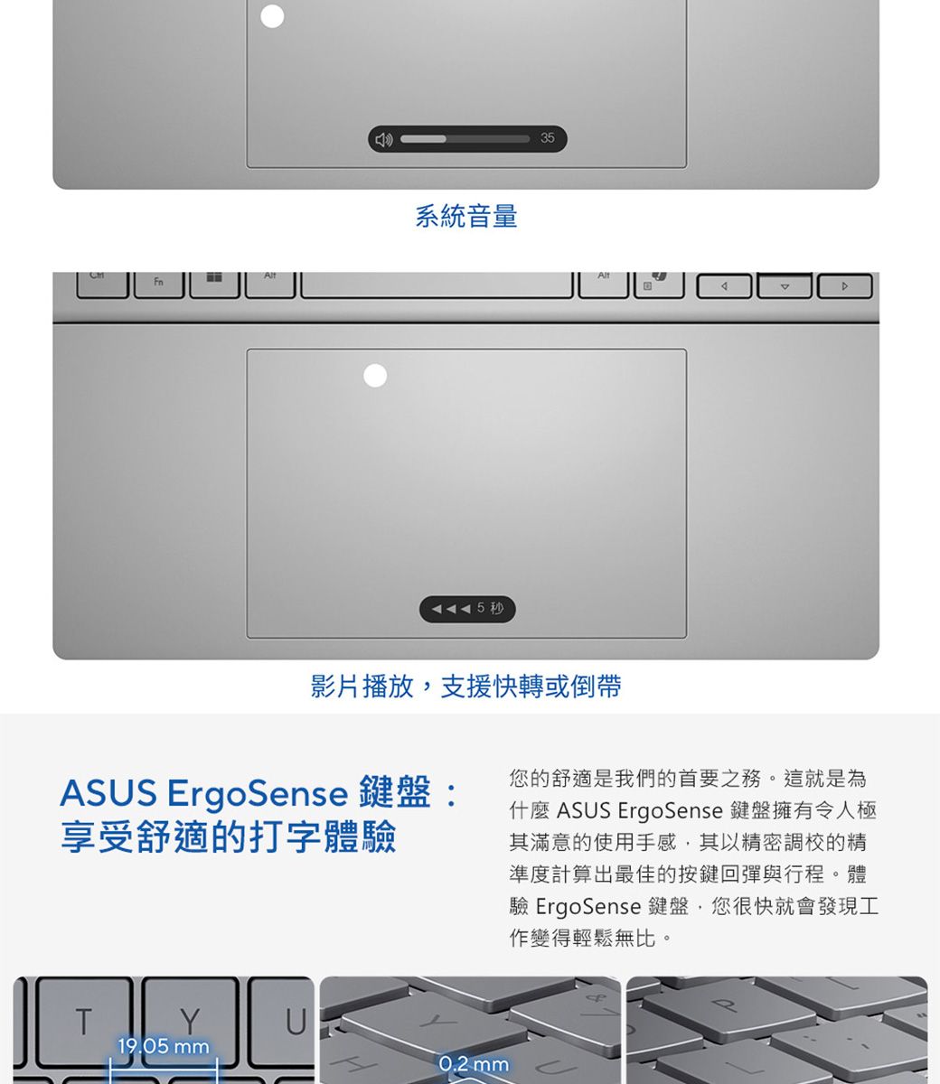 Fn系統音量5秒35影片播放支援快轉或倒帶ASUS ErgoSense 鍵盤:享受舒適的打字體驗您的舒適是我們的首要之務。這就是為什麼 ASUS ErgoSense 鍵盤擁有令人極其滿意的使用手感,其以精密調校的精準度計算出最佳的按鍵回彈與行程。體驗 ErgoSense 鍵盤,您很快就會發現工作變得輕鬆無比。TYU19.05 mm mm