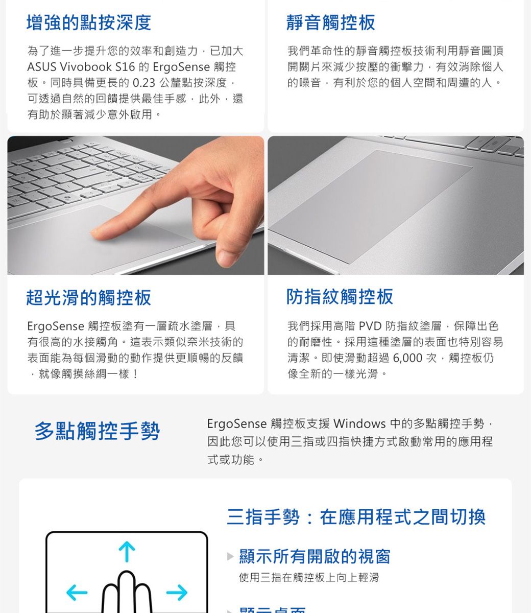 增強的點按深度為了進一步提升您的效率和創造力已加大ASUS VivoBook S16 的 ErgoSense 觸控板。同時具備更長的0.23 公釐點按深度可透過自然的回饋提供最佳手感此外還有助於顯著減少意外啟用。靜音觸控板我們革命性的靜音觸控板技術利用靜音圓頂開關片來減少按壓的衝擊力有效消除惱人的噪音有利於您的個人空間和周遭的人。超光滑的觸控板ErgoSense 觸控板塗有一層疏水塗層,具有很高的水接觸角。這表示類似奈米技術的表面能為每個滑動的動作提供更順暢的反饋,就像觸摸!防指紋觸控板我們採用高階 PVD 防指紋塗層,保障出色的耐磨性。採用這種塗層的表面也特別容易清潔。即使滑動超過6,000次,觸控板仍像全新的一樣光滑。多點觸控手勢ErgoSense 觸控板支援 Windows 中的多點觸控手勢,因此您可以使用三指或四指快捷方式啟動常用的應用程式或功能。三指手勢:在應用程式之間切換顯示所有開啟的視窗使用三指在觸控板上向上輕滑