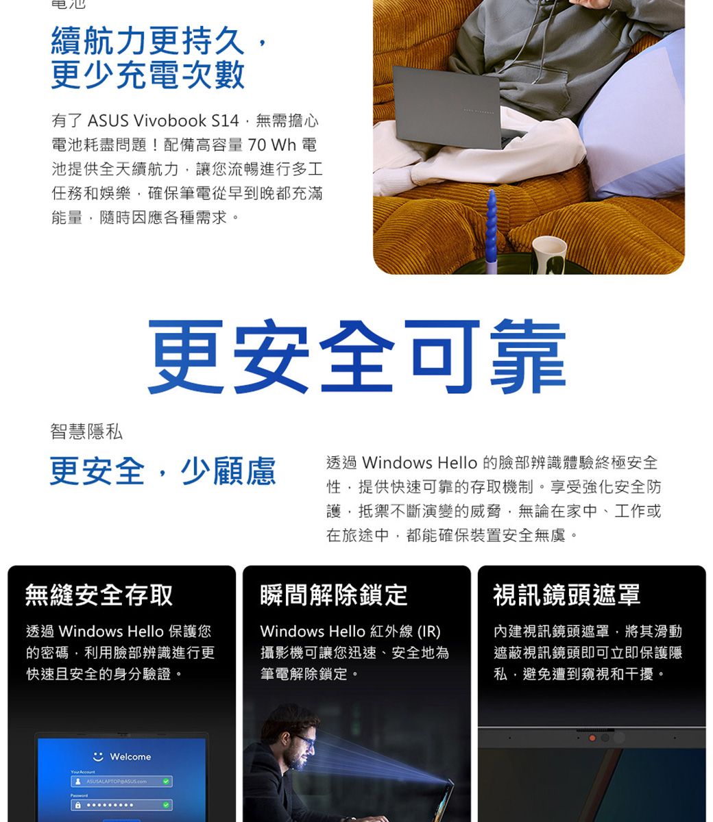 电池續航力更持久更少充電次數有了 ASUS Vivobook S14無需擔心電池耗盡問題!配備高容量70 Wh 電池提供全天續航力讓您流暢進行多工任務和娛樂確保筆電從早到晚都充滿能量,隨時因應各種需求。智慧隱私更安全可靠更安全,少顧慮無縫安全存取透過 Windows Hello 保護您的密碼,利用臉部辨識進行更快速且安全的身份驗證。透過 Windows Hello 的臉部辨識體驗終極安全性,提供快速可靠的存取機制。享受強化安全防護,抵禦不斷演變的威脅,無論在家中、工作或在旅途中,都能確保裝置安全無虞。瞬間解除鎖定Windows Hello 紅外線 (IR)攝影機可讓您迅速、安全地為筆電解除鎖定。視訊鏡頭遮罩內建視訊鏡頭遮罩,將其滑動遮蔽視訊鏡頭即可立即保護隱私,避免遭到窺視和干擾。Welcome