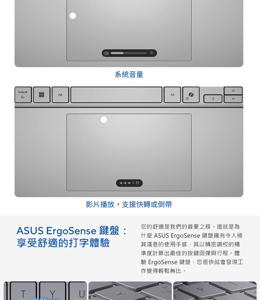 AltFn系統音量5秒35Alt回影片播放支援快轉或倒帶ASUS ErgoSense 鍵盤:享受舒適的打字體驗您的舒適是我們的首要之務。這就是為什麼 ASUS ErgoSense 鍵盤擁有令人極其滿意的使用手感,其以精密調校的精準度計算出最佳的按鍵回彈與行程。體驗 ErgoSense 鍵盤,您很快就會發現工作變得輕鬆無比。TY