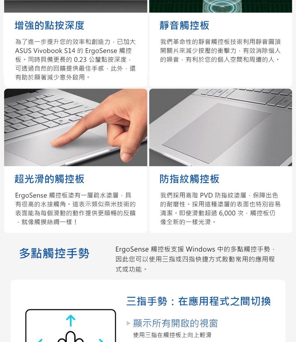 增強的點按深度為了進一步提升您的效率和創造力已加大ASUS Vivobook S14 的 ErgoSense 觸控板。同時具備更長的0.23 公釐點按深度可透過自然的回饋提供最佳手感此外還有助於顯著減少意外啟用。靜音觸控板我們革命性的靜音觸控板技術利用靜音圓頂開關片來減少按壓的衝擊力有效消除惱人的噪音,有利於您的個人空間和周遭的人。超光滑的觸控板ErgoSense 觸控板塗有一層疏水塗層,具有很高的水接觸角。這表示類似奈米技術的表面能為每個滑動的動作提供更順暢的反饋,就像觸摸絲綢一樣!防指紋觸控板我們採用高階 PVD 防指紋塗層·保障出色的耐磨性。採用這種塗層的表面也特別容易清潔。即使滑動超過6,000次,觸控板仍像全新的一樣光滑。多點觸控手勢ErgoSense 觸控板支援 Windows 中的多點觸控手勢,因此您可以使用三指或四指快捷方式啟動常用的應用程式或功能。三指手勢:在應用程式之間切換顯示所有開啟的視窗使用三指在觸控板上向上輕滑