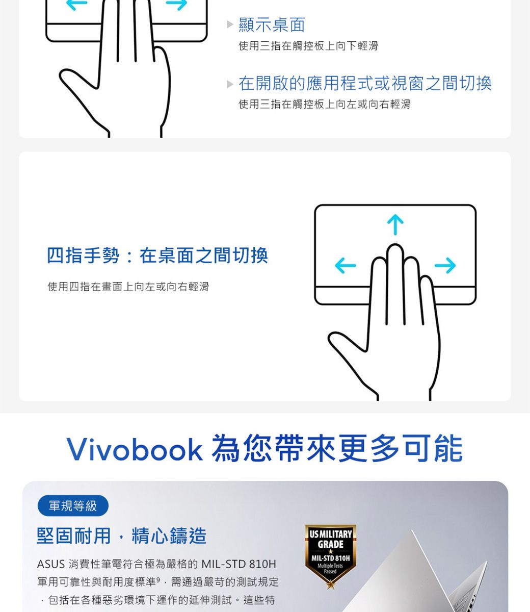 顯示桌面使用三指在觸控板上向下輕滑在開啟的應用程式或視窗之間切換使用三指在觸控板上向左或向右輕滑四指手勢:在桌面之間切換使用四指在畫面上向左或向右輕滑Vivobook 為您帶來更多可能軍規等級堅固耐用精心鑄造ASUS 消費性筆電符合極為嚴格的 MIL-STD 810H軍用可靠性與耐用度標準,需通過嚴苛的測試規定包括在各種惡劣環境下運作的延伸測試。這些特US MILITARYGRADEMIL-STD 810HMultiple TestsPassed