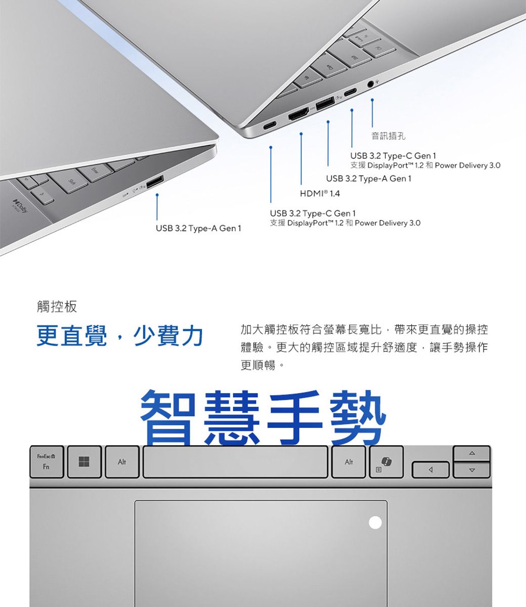 音訊插孔USB 3.2 Type-C Gen 1支援 DisplayPort 1.2  Power Delivery 3.0USB 3.2 Type-A Gen1HDMI  1.4USB 3.2 Type-C Gen1支援 DisplayPort™ 1.2 和 Power Delivery 3.0USB 3.2 Type-A Gen 1觸控板更直覺少費力加大觸控板符合螢幕長寬比,帶來更直覺的操控體驗。更大的觸控區域提升舒適度,讓手勢操作更順暢。AltFn智慧手勢Alt