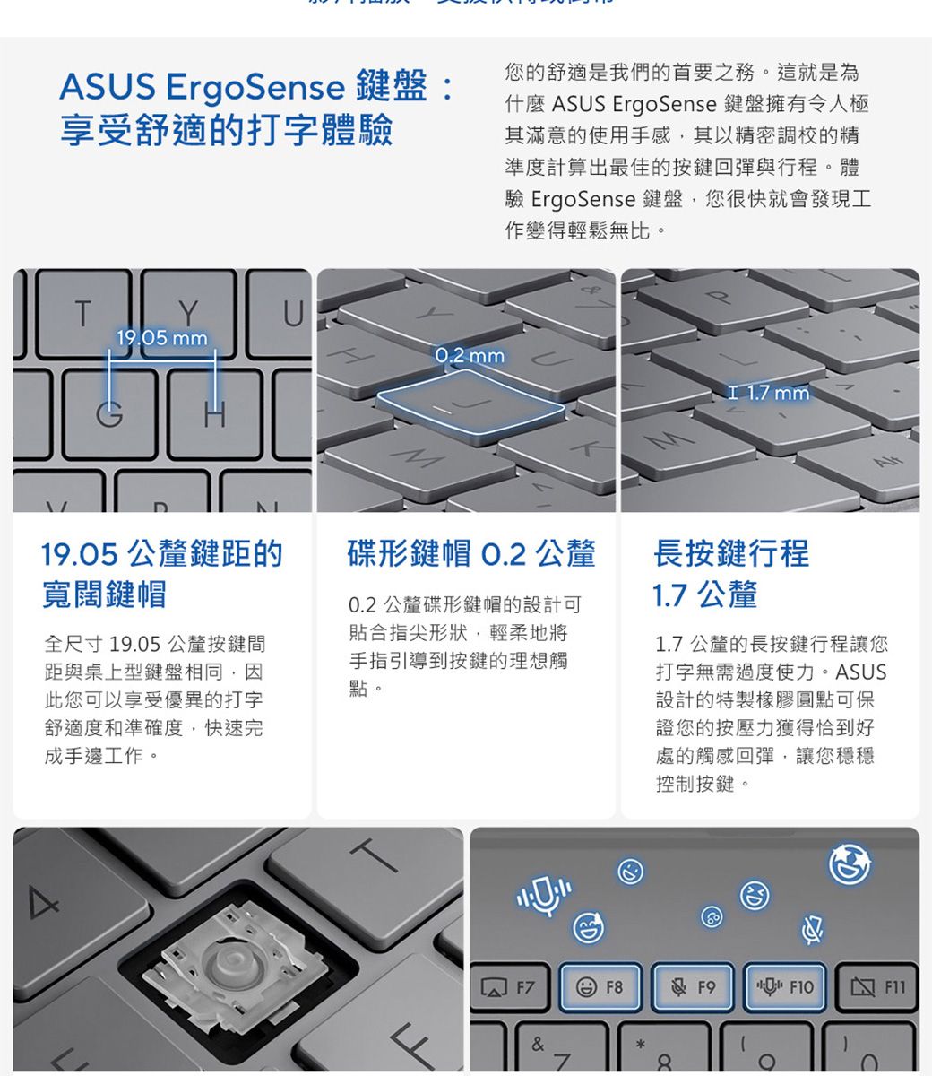 SUS ErgoSense 鍵盤:享受舒適的打字體驗您的舒適是我們的首要之務。這就是為什麼 ASUS ErgoSense 鍵盤擁有令人極其滿意的使用手感其以精密調校的精準度計算出最佳的按鍵回彈與行程。體驗 ErgoSense 鍵盤您很快就會發現工作變得輕鬆無比。T9.05 mmU0.2mm . mm19.05 公釐鍵距的寬闊鍵帽全尺寸19.05 公釐按鍵間距與桌上型鍵盤相同此您可以享受優異的打字舒適度和準確度,快速完成手邊工作。碟形鍵帽 O.2 公釐0.2 公釐碟形鍵帽的設計可貼合指尖形狀,輕柔地將手指引導到按鍵的理想觸點。長按鍵行程1.7 公釐1.7公釐的長按鍵行程讓您打字無需過度使力。ASUS設計的特製橡膠圓點可保證您的按壓力獲得恰到好處的觸感回彈,讓您穩穩控制按鍵。AF7 FF97 F11&7*811