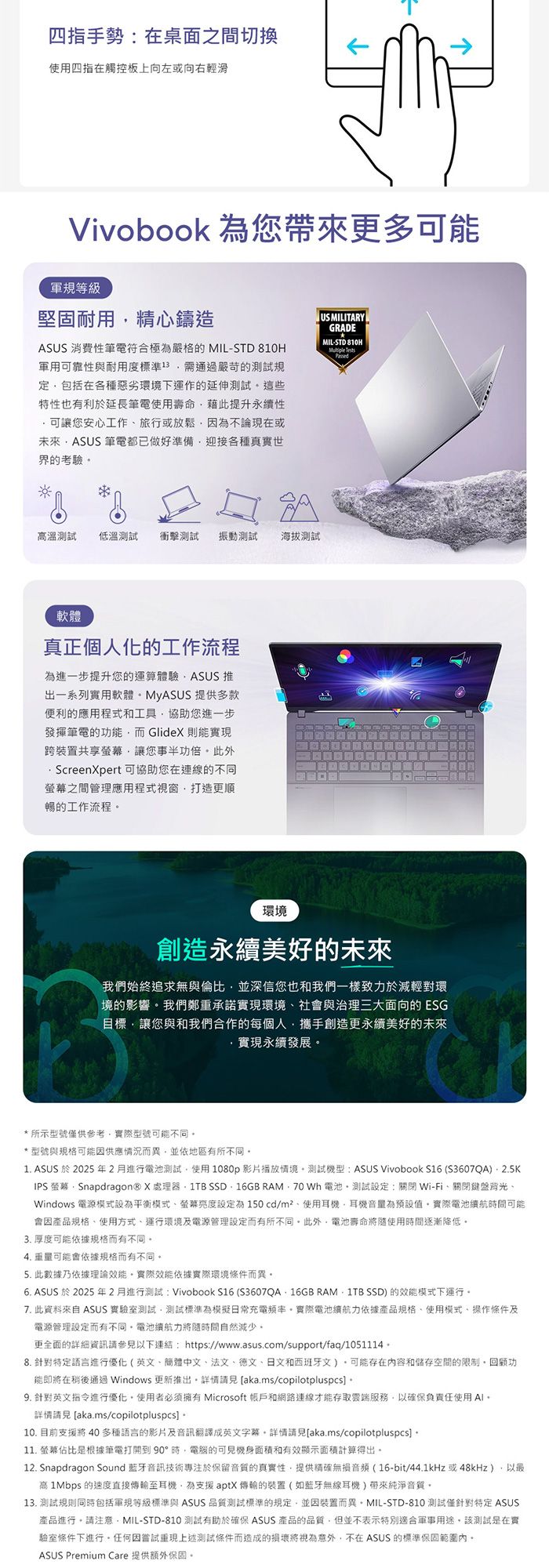 四指手勢:在桌面之間切換使用四指在觸控板上向左或向右輕滑Vivobook 為您帶來更多可軍規等級堅固耐用精心鑄造ASUS 消費性筆電符合極為嚴格的 MIL-STD 810H軍用可靠性與耐用度標準13需通過嚴苛的測試規定包括在各種惡劣環境下運作的延伸測試這些特性也有利於延長筆電使用壽命藉此提升永續性可讓您安心工作旅行或放鬆因為不論現在或未來ASUS 筆電都已做好準備迎接各種真實世界的考驗US MILITARYGRADEMIL-STD 810H Tests高溫測試 低溫測試 測試振動測試海拔測試軟體真正個人化的工作流程為進一步提升您的運算體驗ASUS 推薦出一系列實用軟體MyASUS 提供多款便利的應用程式和工具協助您進一步發揮筆電的功能而GlideX則能實現跨裝置共享讓您事半功倍此外 ScreenXpert 可協助您在連線的不同螢幕之間管理應用程式視窗打造更順暢的工作流程環境創造永續美好的未來我們始終追求無與倫比並深信您也和我們一樣致力於減輕對環境的影響我們鄭重承諾實現環境社會與治理三大面向的 ESG目標讓您與和我們合作的每個人攜手創造更永續美好的未來實現永續發展* 所示型號僅供參考實際型號可能不同*型號與規格可能因供應情況而異並依地區有所不同1. ASUS 於 2025年2月進行電池測試使用1080p 影片播放情境測試機型: ASUS Vivobook S16 (3607QA2.5KIPS 螢幕Snapdragon® X處理器1TB SSD16GB RAM 70 Wh 電池測試設定:關閉Wi-Fi關閉鍵盤背光Windows 電源模式設為平衡模式、螢幕設定為150cd/使用耳機耳機音量為預設值實際電池續航時間可能會因產品規格、使用方式、運行環境及電源管理設定而有所不同此外電池壽命將使用時間逐漸降低3. 厚度可能依據規格而有不同4. 可能會依據規格而有不同。5. 此數據乃依據理論。實際效能依據實際環境條件而異。6. ASUS 於 2025 年2月進行測試:Vivobook S16 (S3607QA、16GB RAM 1TB SSD)的效能模式下運行。7. 此資料來自 ASUS 實驗室測試測試標準為模擬日常充電頻率。實際電池續航力依據產品規格、使用模式、操作條件及電源管理設定而有不同。電池續航力將隨時間自然減少。更全面的詳細資訊請參見以下連結:https://www.asus.com/support/faq/1051114+8. 特定語言進行優化(英文、簡體中文、法文、德文、日文和西班牙文)。可能存在内容和儲存空間的限制。回顧功能即將在稍後通過 Windows 更新推出。 aka.ms/copilotpluspcs] 9. 英文指令進行優化,使用者必須擁有 Microsoft 帳戶和網路連線才能存取雲端服務,以確保負責任使用 。詳情 aka.ms/copilotpluspcs)。10. 目前支援將 40 多種語言的影片及音訊翻譯成英文字幕。詳情請見[aka.ms/copilotpluspcs] 。11. 螢幕佔比是根據筆電打開到90°時,電腦的可見機身面積和有效顯示面積計算得出。12. Snapdragon Sound 藍牙音訊技術專注於保留音質的真實性,提供精確無損(16-bit/44.1kHz或48kHz),以最高 1Mbps 的速度直接傳輸至耳機,為支援aptX傳輸的裝置(如藍牙無線耳機)帶來純淨音質。13. 測試規則同時包括軍規等級標準與 ASUS 品質測試標準的規定,並因裝置而異-STD-810 測試僅針對特定 ASUS產品進行,請注意-STD-810 測試有助於確保 ASUS 產品的品質,但並不表示特別軍事用途,該測試是在實驗室條件下進行。任何因嘗試重現上述測試條件而造成的將視為意外,不在 ASUS 的標準保固範圍內。ASUS Premium Care 提供額外保固。