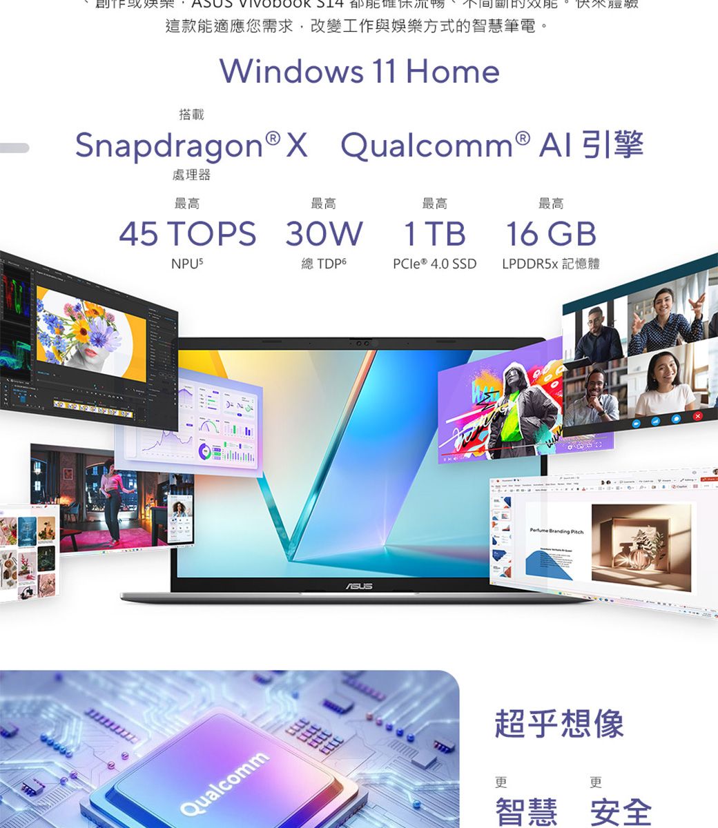 創作  的 這款能適應您需求,改變工作與娛樂方式的智慧筆電。Windows 11 Home搭載Snapdragon®X Qualcomm® Al引擎處理器最高最高最高45 TOPS 30W1 TB總 PCIe ® 4.0 SSD    Qualcomm最高16 GBLPDDR5 記憶體  超乎想像更更智慧安全