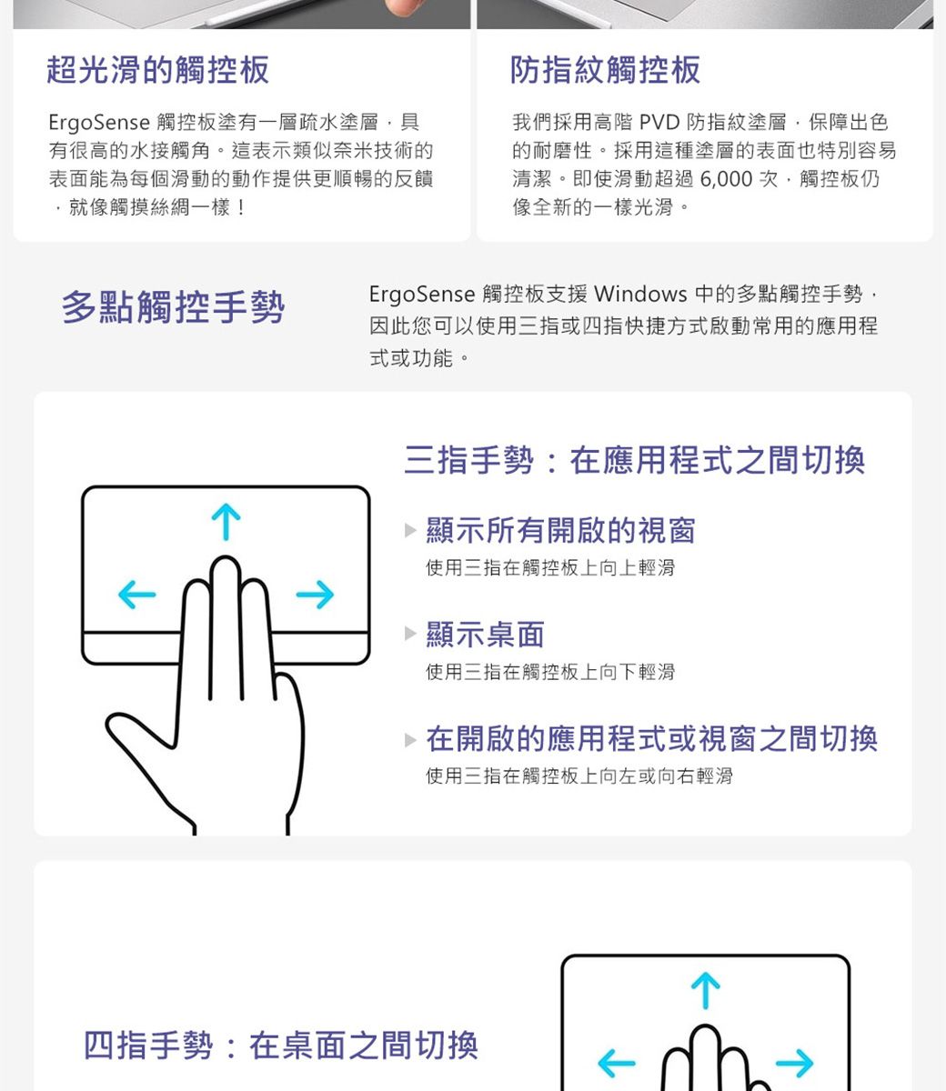 超光滑的觸控板ErgoSense 觸控板塗有一層疏水塗層具有很高的水接觸角。這表示類似奈米技術的表面能為每個滑動的動作提供更順暢的反饋就像觸摸絲綢一樣!防指紋觸控板我們採用高階 PVD 防指紋塗層保障出色的耐磨性。採用這種塗層的表面也特別容易清潔。即使滑動超過6000次,觸控板仍像全新的一樣光滑。多點觸控手勢ErgoSense 觸控板支援 Windows 中的多點觸控手勢,因此您可以使用三指或四指快捷方式啟動常用的應用程式或功能。三指手勢:在應用程式之間切換顯示所有開啟的視窗使用三指在觸控板上向上輕滑 顯示桌面使用三指在觸控板上向下輕滑 在開啟的應用程式或視窗之間切換使用三指在觸控板上向左或向右輕滑四指手勢:在桌面之間切換
