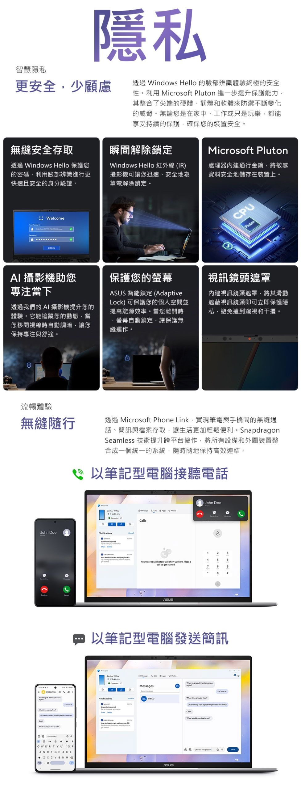 智慧隱私隱私更安全少顧慮透 Winws Hello 的臉部辨識體驗終極的安全性利用 Microsoft lut 進一步提升保護能力其整合了尖端的硬體、韌體和軟體來防禦不斷變化的威脅無論您是在家中、工作或只是玩樂都能享受持續的保護確保您的裝置安全無縫安全存取瞬間解除鎖定Microsoft Plut透過 Windows Hello 保護您的密碼利用臉部辨識進行更快速且安全的身分驗證Windows Hello 紅外線(IR)攝影機可讓您迅速、安全地為筆電解除鎖定。處理器通行金鑰將敏感資料安全地儲存在裝置上。WelcomePUPlunAI 攝影機助您專注當下保護您的透過我們的 AI 攝影機提升您的體驗。它能追蹤您的動態當您移開視線時自動調暗,讓您保持專注與舒適。 智能鎖定 (AdaptiveLock) 可保護您的個人空間並提高能源效率。當您離開時,螢幕自動鎖定,讓保護無縫運作。視訊鏡頭遮罩內建視訊鏡頭遮罩,將其滑動遮蔽視訊鏡頭即可立即保護隱私,避免遭到窺視和干擾。流暢體驗無縫隨行過透過 Microsoft Phone Link,實現筆電與手機間的無縫通話、簡訊與檔案存取,讓生活更加輕鬆便利。SnapdragonSeamless 技術提升跨平台協作,將所有設備和外圍裝置整合成一個統一的系統,隨時隨地保持高效連結。以筆記型電腦接聽電話ClsDJohn DoeNotifi John Doe  P。。2   on  46 recent  htory will show up  Place acall to get started9。以筆記型電腦發送簡訊。MessagesNotifications al   OWERTYUIOPASDFGHJKLC Your cations   on   ASUS to  G do What    On   side is  , the What