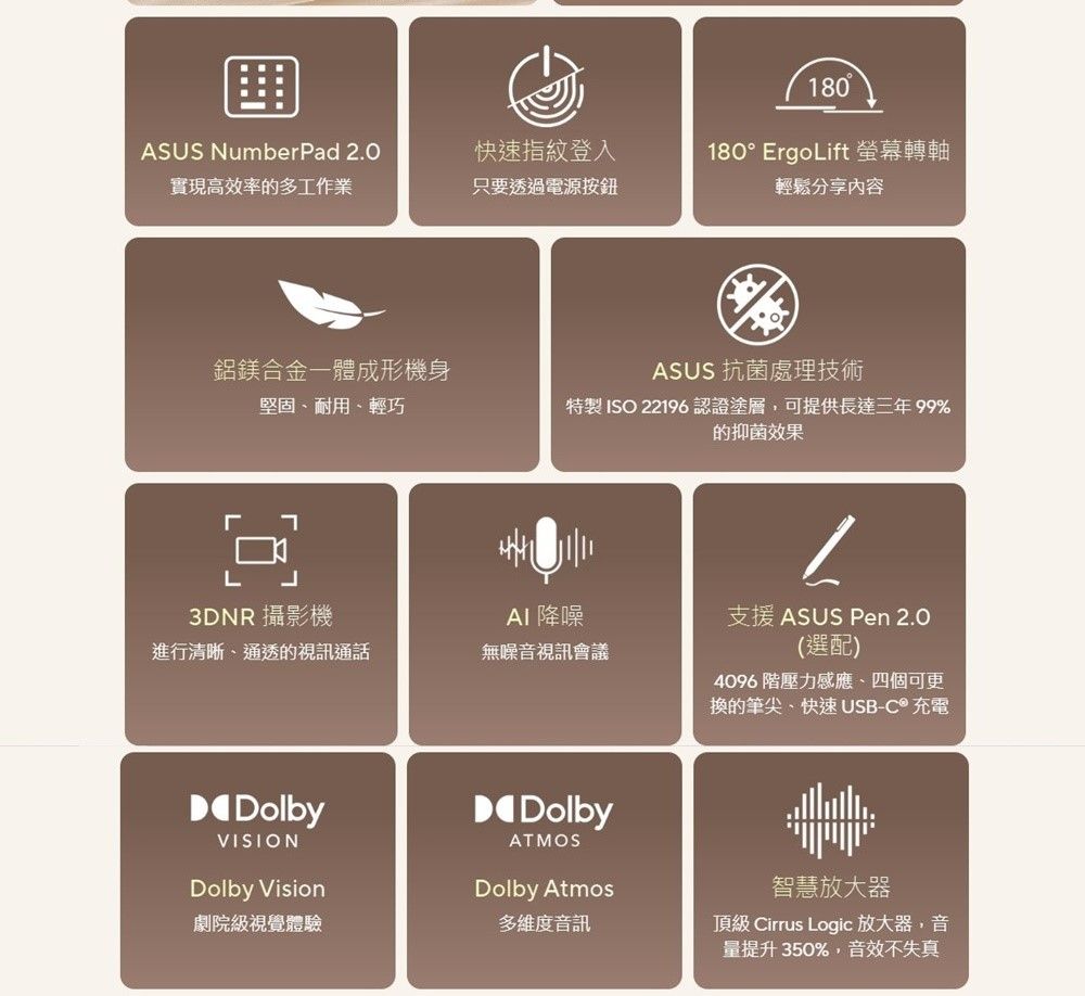 180ASUS NumberPad 2.0實現高效率的多工作業快速指紋登入只要透過電源按鈕180° Ergoift 螢幕轉軸輕鬆分享內容鋁鎂合金一體成形機身堅固、耐用、輕巧L LASUS 抗菌處理技術特製 ISO 22196認證塗層,可提供長達三年99%的抑菌效果3DNR 攝影機 降噪進行清晰、通透的視訊通話無噪音視訊會議DolbyVISIONDolby Vision劇院級視覺體驗DolbyATMOSDolby Atmos支援 ASUS Pen 2.0(選配)4096 階壓力感應、四個可更換的筆尖、快速USB-C 充電智慧放大器多維度音訊頂級 Cirrus Logic 放大器,音量提升 350%,音效不失真
