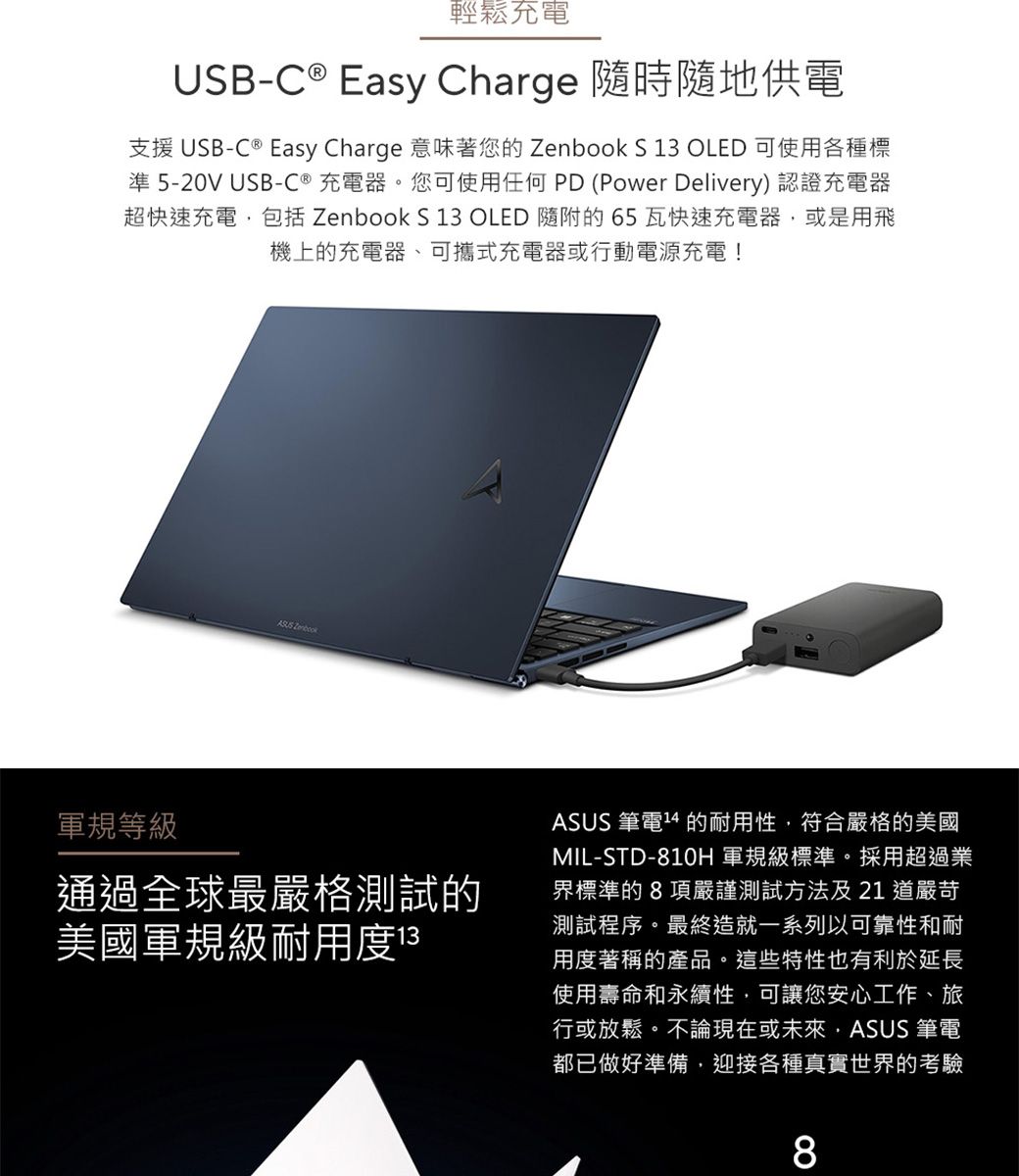 輕鬆充電USB-C  Easy Charge 隨時隨地供電支援 USB-C ® Easy Charge 意味著您的  S 1 OLED 可使用各種標準5-20V USB-C® 充電器。您可使用任何PD(Power Delivery) 認證充電器超快速充電包括 Zenbook S 13 OLED 隨附的65瓦快速充電器或是用飛機上的充電器、可攜式充電器或行動電源充電! Zenbook軍規等級通過全球最嚴格測試的美國軍規級耐用度3ASUS 筆電 的耐用性,符合嚴格的美國MIL-STD-810H 軍規級標準。採用超過業界標準的8項嚴謹測試方法及21 道嚴苛測試程序。最終造就一系列以可靠性和耐用度著稱的產品。這些特性也有利於延長使用壽命和永續性,可讓您安心工作、旅行或放鬆。不論現在或未來,ASUS 筆電都已做好準備,迎接各種真實世界的考驗8