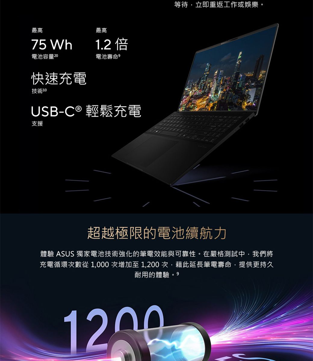 最高最高75 Wh1.2 倍電池容量20電池壽命快速充電技術10USB-C ® 輕鬆充電支援等待立即重返工作或娛樂。超越極限的電池續航力體驗 ASUS 獨家電池技術強化的筆電效能與可靠性。在嚴格測試中我們將充電循環次數從1,000次增加至1,200次,藉此延長筆電壽命,提供更持久耐用的體驗。9