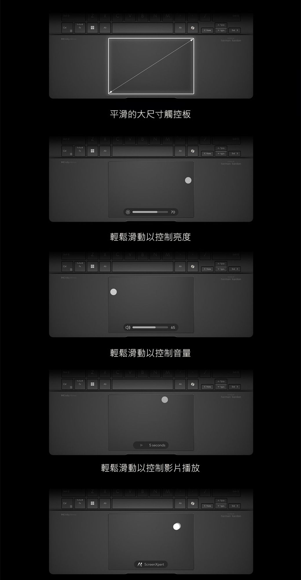 BM     平滑的大尺寸觸控板70輕鬆滑動以控制亮度65輕鬆滑動以控制音量5 seconds輕鬆滑動以控制影片播放 ScreenXpert kardonharman kardonharman kardonharman kardonharman kardon