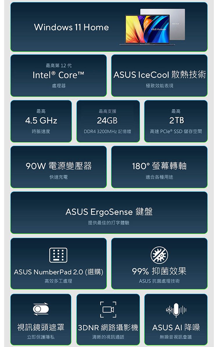 Windows 11 Home 最高第 12 代Intel® Core處理器 ASUS Ice Cool 散熱技術極致效能表現最高4.5 GHz最高支援24GB最高2TB時脈速度DDR4 3200MHz 記憶體高速 PCIe® SSD 儲存空間90W 電源變壓器180° 螢幕轉軸快速充電適合各種用途ASUS ErgoSense 鍵盤提供最佳的打字體驗ASUS NumberPad 2.O (選購)99% 抑菌效果高效多工處理ASUS 抗菌處理技術LJ視訊鏡頭遮罩  3DNR 網路攝影機ASUS AI 降噪立即保護隱私清晰的視訊通話無噪音視訊會議