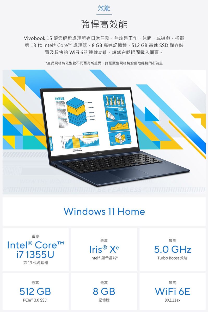效能強悍高效能Vivobook 15 讓您輕鬆處理所有日常任務無論是工作、休閒、或遊戲。搭載第 13 代Intel® Core 處理器、8GB高速記憶體、512GB高速 SSD 儲存裝置及超快的 WiFi 連線功能,讓您在間載入網頁。產品規格將依型號不同而有所差異,詳細販售規格請洽當地經銷門市為主LOREMISASUS 32 THE WORLD FEARLESSWindows 11 Home最高Intel® Core™i7 1355U第13代處理器最高Iris® XeIntel® 顯示晶片*最高5.0 GHzTurbo Boost 效能最高最高512 GB8 GB 3.0 SSD記憶體最高WiFi 6E802.11ax