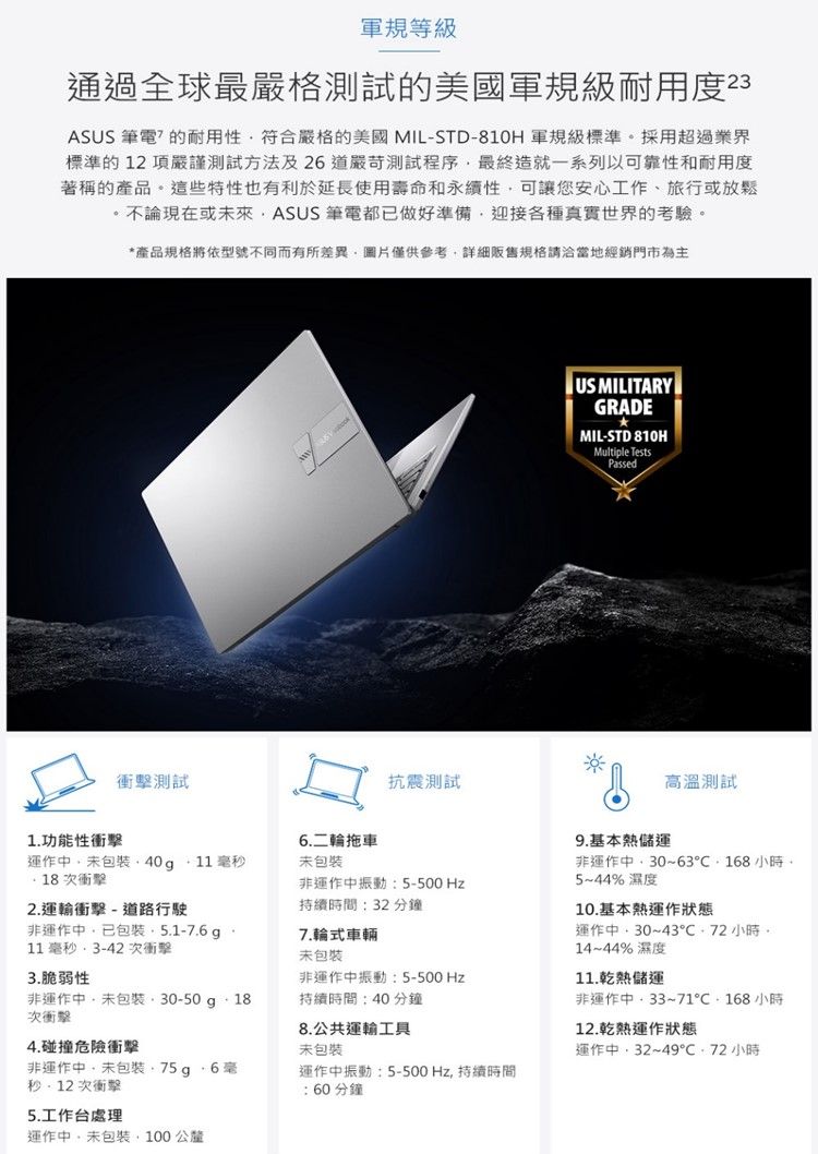軍規等級通過全球最嚴格測試的美國軍規級耐用度23ASUS 筆電的耐用性符合嚴格的美國MIL-STD-810H 軍規級標準採用超過業界標準的12項嚴謹測試方法及26道嚴苛測試程序最終造就一系列以可靠性和耐用度著稱的產品。這些特性也有利於延長使用壽命和永續性可讓您安心工作旅行或放鬆不論現在或來ASUS 筆電都已做好準備迎接各種真實世界的考驗。產品規格將依型號不同而有所差異圖片僅供參考詳細規格請洽當地經銷門市為主衝擊測試 US MILITARYGRADEMIL-STD 810HMultiple TestsPassed*抗震測試高溫測試 1功能性衝擊6.二輪拖車運作40  11 秒次衝擊包裝非運作振動:5-500 Hz2.運輸衝擊- 道路行駛持續時間:32 分鐘9.基本儲運非運作30~63168小時5~44% 濕度10.基本運作狀態非運作中已包裝.5.1-7.6 g .7.輪式車輛11 毫秒、3-42次衝擊3.脆弱性未包裝非運作中振動:5-500 Hz非運作中未包裝30-50g 18次衝擊持續時間:40分鐘8.公共運輸工具4.碰撞危險衝擊非運作中未包裝毫秒 次衝擊未包裝運作中振動:5-500Hz,持續時間:60分鐘運作中,30~43 小時。14~44% 濕度11.乾儲運非運作中~71 小時12.乾運作狀態運作中,32~49℃ 小時5.工作台處理運作中,未包裝,100公釐